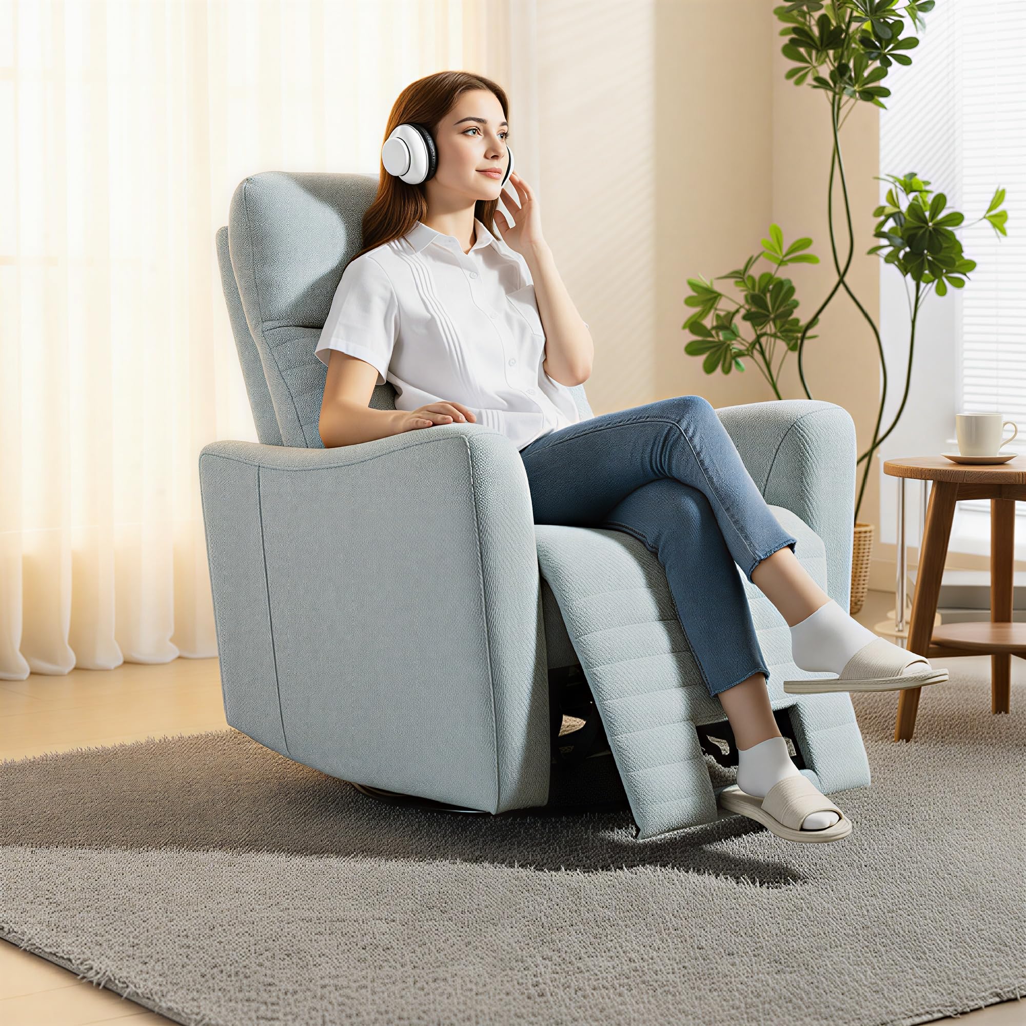 HOMCOM Fauteuil inclinable avec Repose-Pieds, Fauteuil de Relaxation pivotant 360°, basculant, Assise Large, Dossier et accoudoirs rembourrés, Tissu en Lin pour Salon, Bureau, Home cinéma, Gris-Bleu