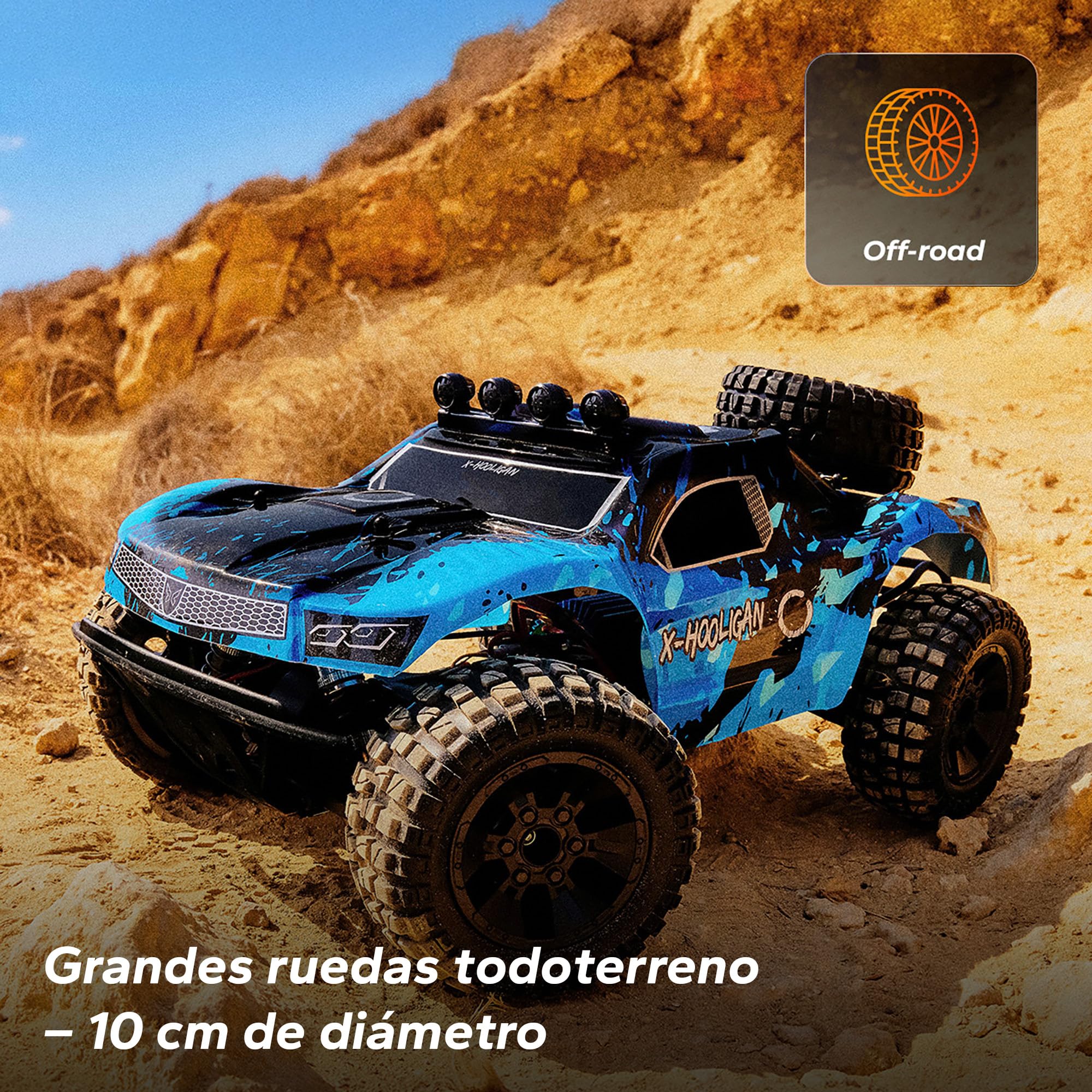 Overmax X-Hooligan Gran Coche de Control Remoto Rápido Escala 1:10 Velocidad 35 km/h Alcance 100 Metros 4x4 Drive 40 Minutos Conducción Diversión Iluminación LED | Batería/40 min, IPX5, neumáticos de 10 cm, LED, accionamiento de metal