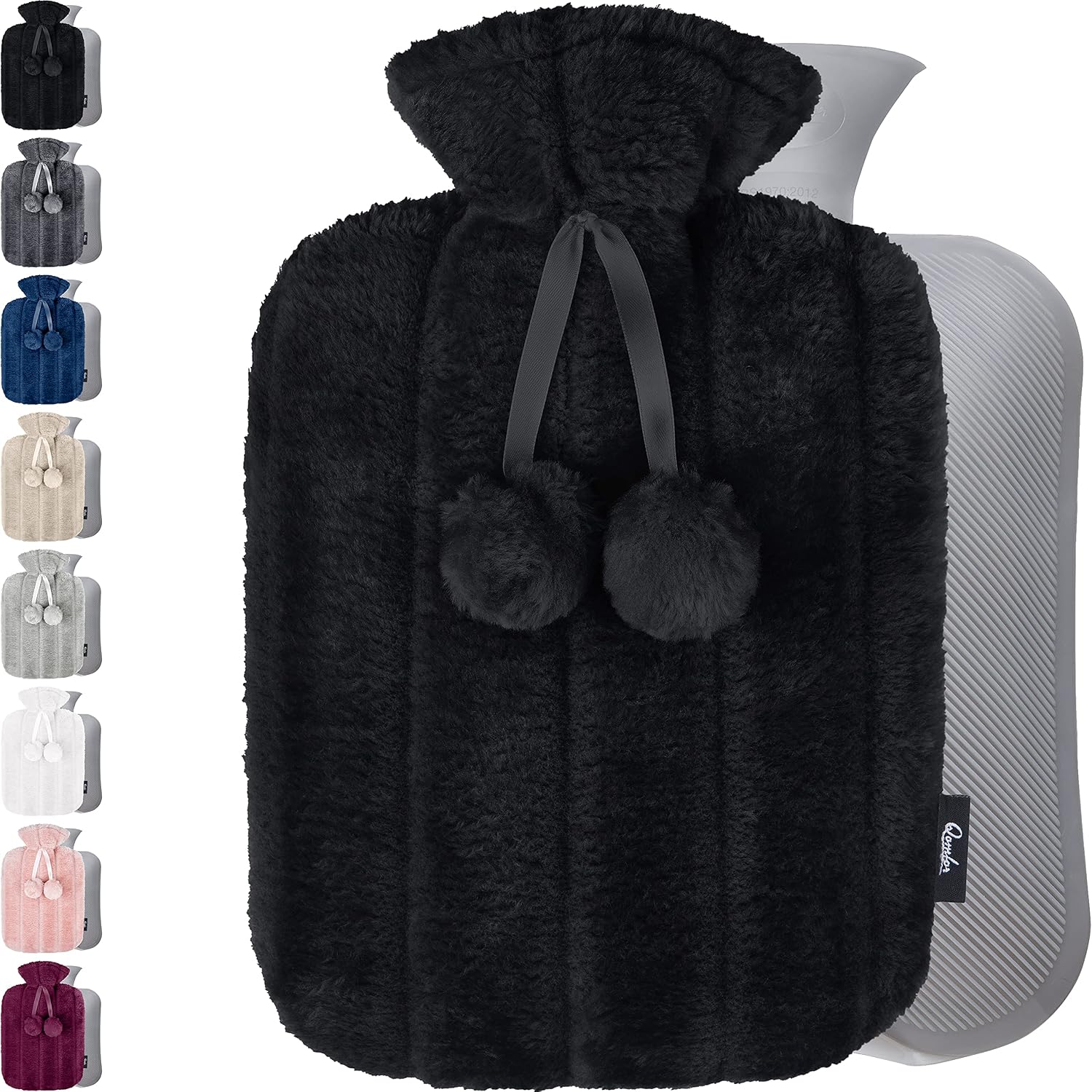 Qomfor Hot Water Bottle with Soft Cover - 1.8L Large - Hot Water Bag for Pain Relief, Cramps, Back, Neck, Feet, Menstrual Cramps, Baby - Premium Cute Cover - Great Gift for Women - Black