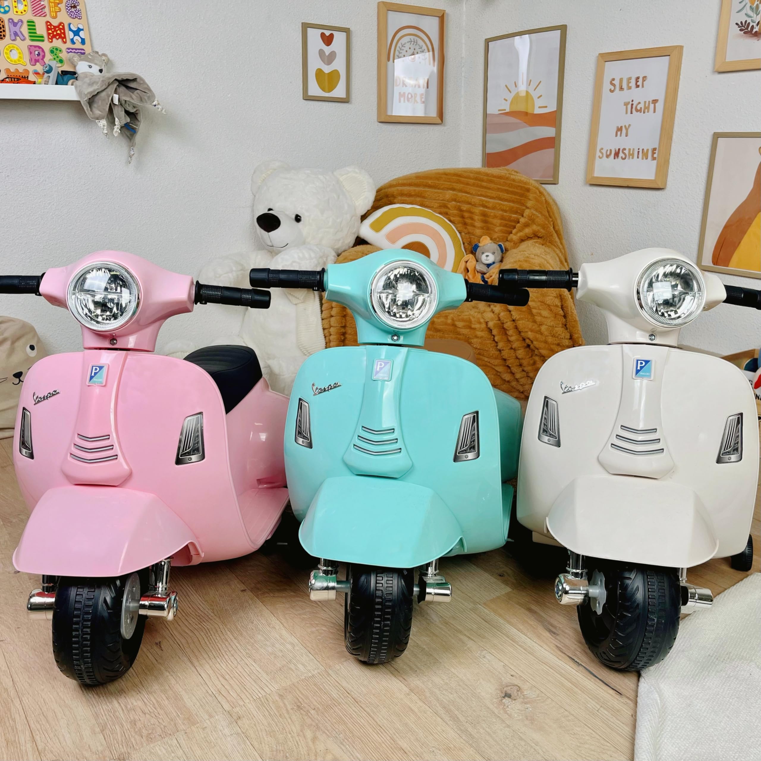 Turbo Challenge - Vespa GTS - Portador Eléctrico - 119151 - Scooter - Verde Agua - Listo para Rodar - Máximo 25Kg - Plástico - Baterías Recargables - A Partir de 24 Meses