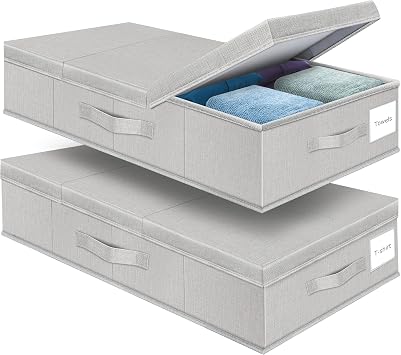 Underbed Storage Containers Bin with Lids Set of 2 Large Under Bed Storage Organizer Box with Handle, Foldable Sturdy Under The Bed Storage Bags for Organizing Clothes, Blankets, Pillows-Light Grey | 6 Inches Tall Under Bed Storage Organizer Box with Handles, Foldable Closet Organizer for Clothes, Blankets, Seasonal Items
