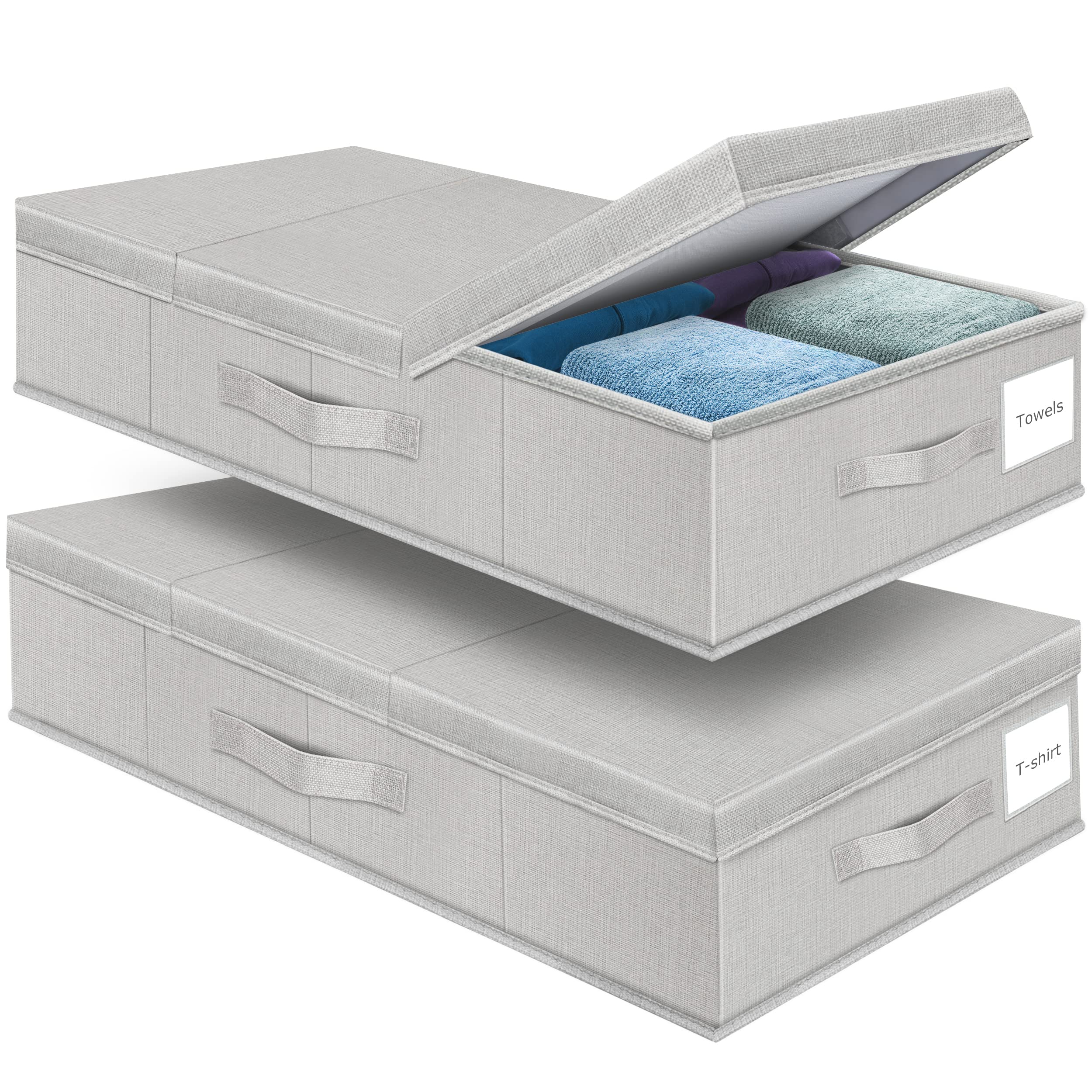 Underbed Storage Containers Bin with Lids (Set of 2) Large Under Bed Storage Organizer Box with Handle, Foldable Sturdy Under The Bed Storage Bags for Organizing Clothes, Blankets, Pillows-Light Grey