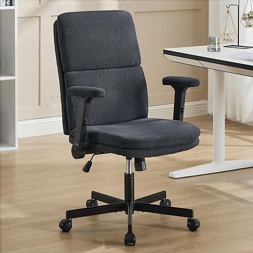 Silla de oficina ajustable con respaldo medio, cómoda, de lino, ergonómica, de respaldo, silla de computadora para el hogar con reposabrazos