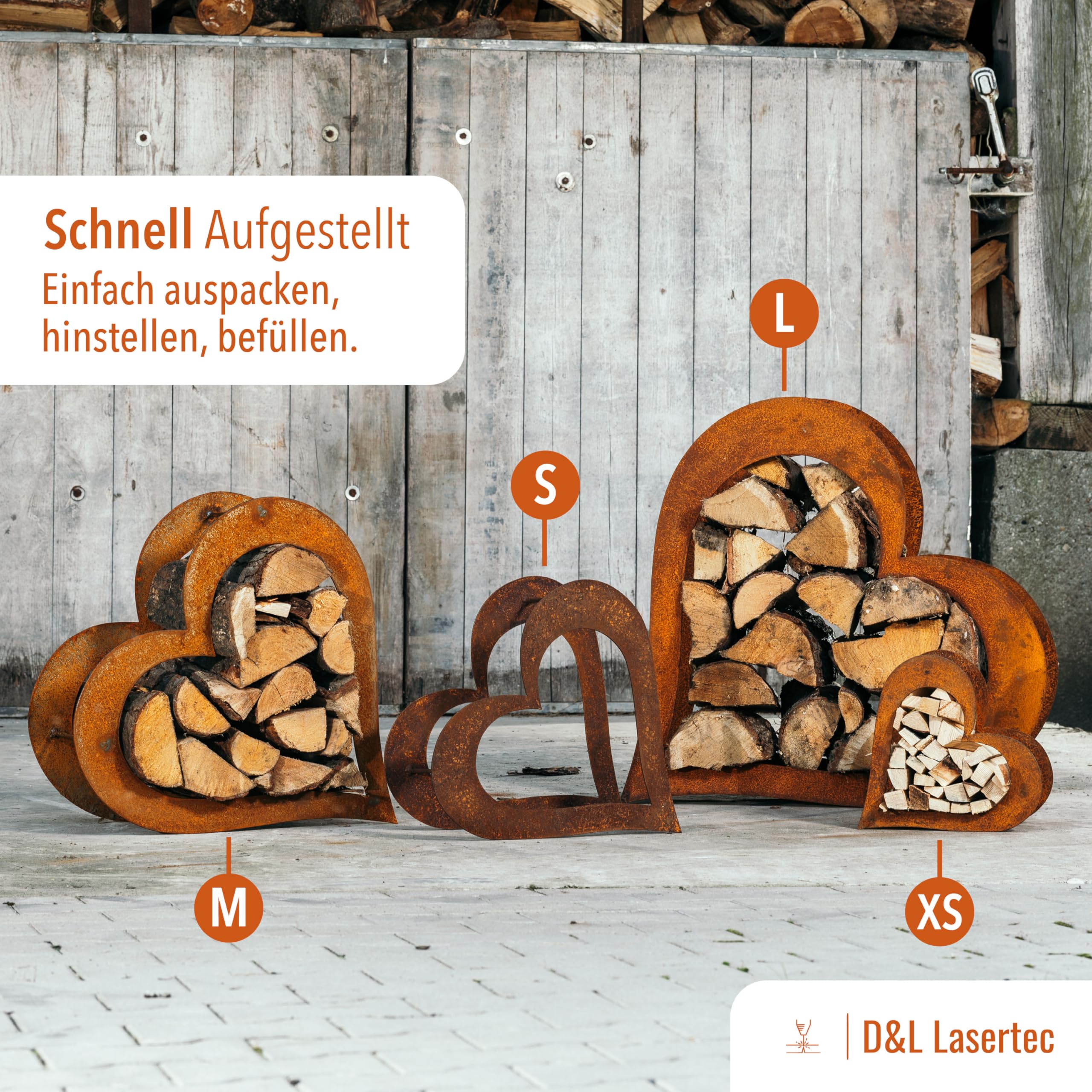 D&L Lasertec Herz aus Metall - Herz für Kaminholz - Regal aus Rost Edelrost Holzregal für Garten Terrasse - Herz liegend S