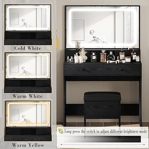 Miniatura 4 de IRONCK Juego de escritorio de tocador con espejo iluminado LED y toma de corriente, mesa de tocador de maquillaje con 4 cajones, taburete de