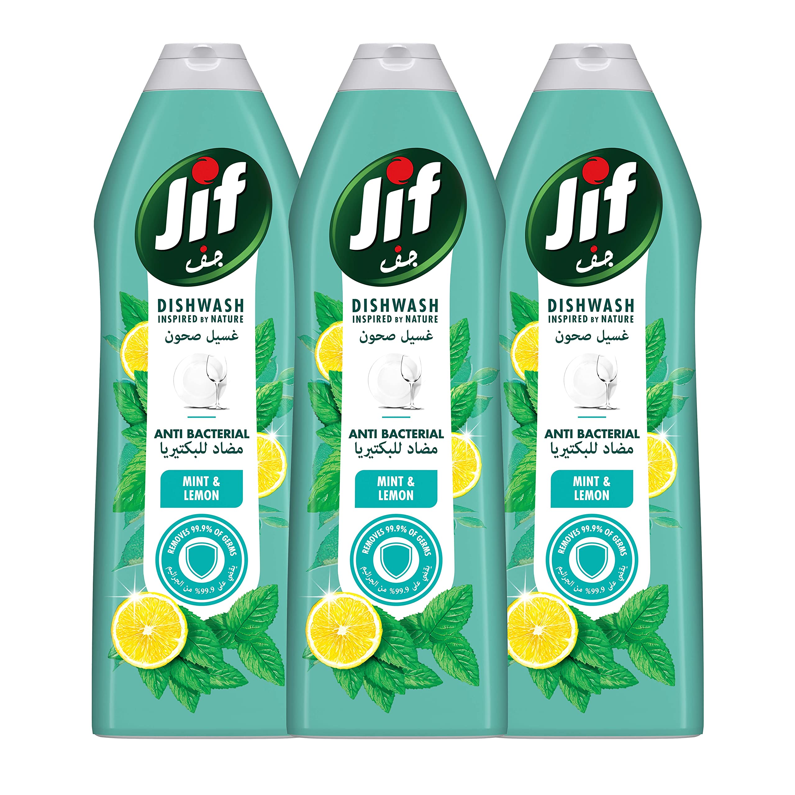 JifAntibacterial Dishwashing liquid for 100% Grease Removal, Mint & Lemon, Double Foam Power, 750ml x 3