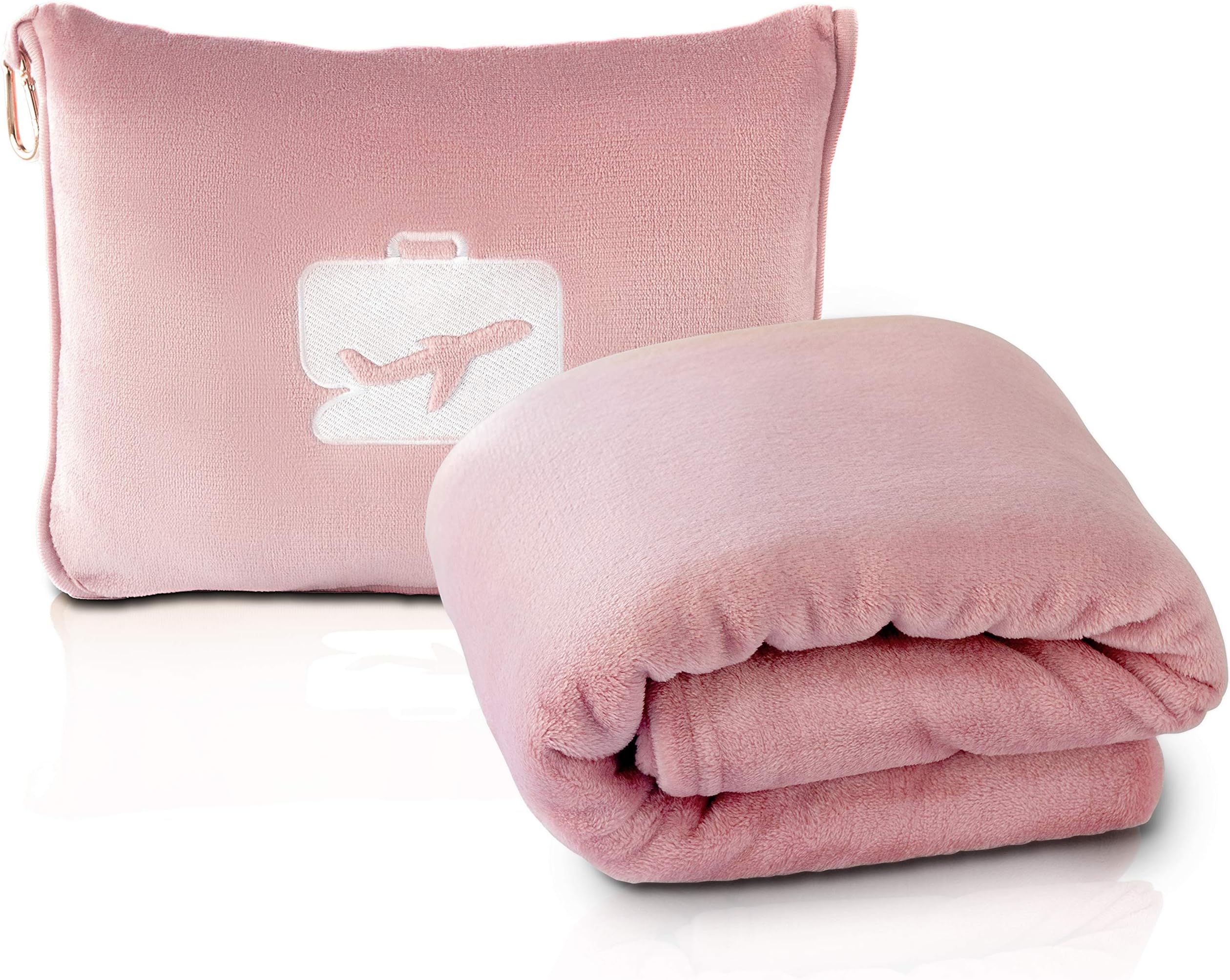 EverSnug Travel Blanket and Pillow - Ultra-Soft, Compact & Lightweight, 65x40 Inches, with Carry Case, Luggage Sleeve & Backpack Clip for Airplane Comfort (Light Pink)