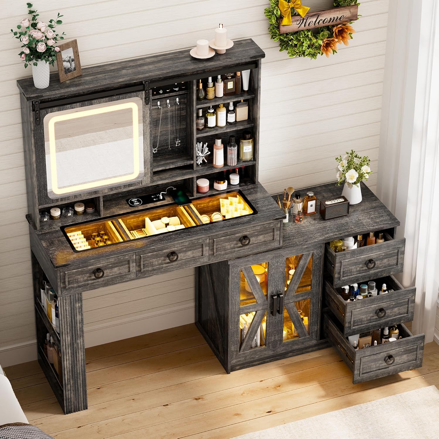 Amazon.com: Lvifur Farmhouse Vanity Desk with Sliding Mirror & Lights ...