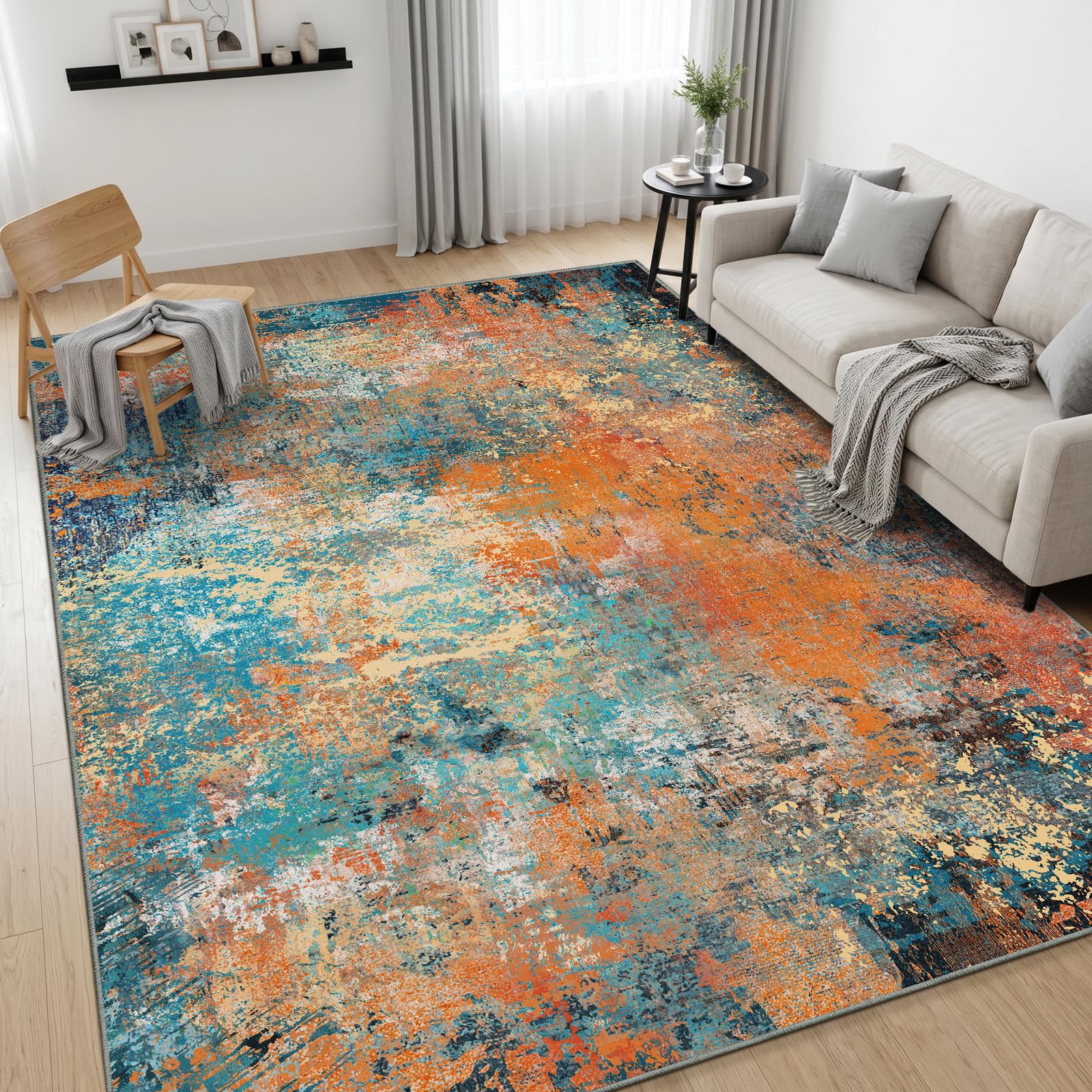 Modern Blau gelb Teppich groß 200x300 - abstrakt Kurzflor Teppich -Weich rutschfest Waschbarer für Wohnzimmer Schlafzimmer Esszimmer Büro