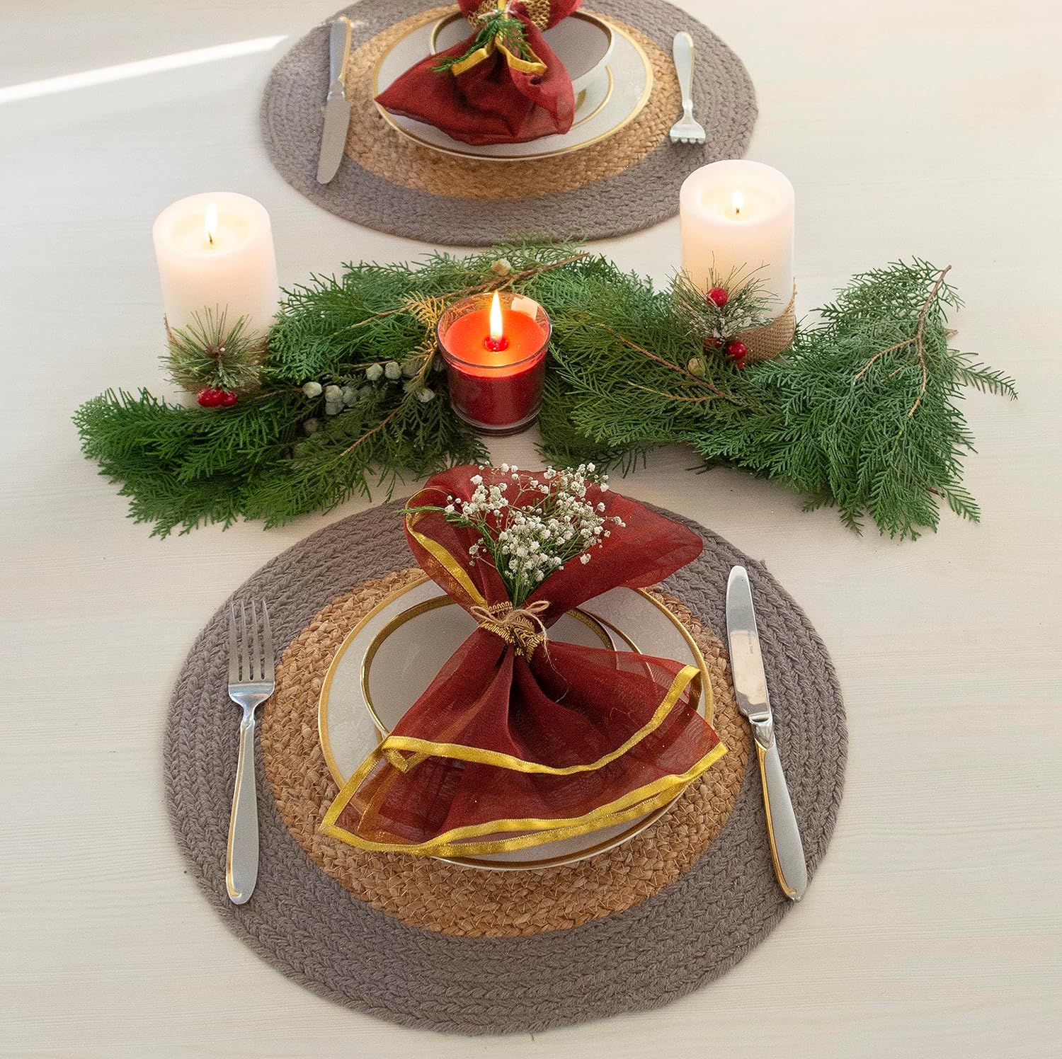 Chardin home Round Verona Woven Jute & Cotton Braided PLACEMAT (Set of 4), Size -15” Round, Color - Natural Jute with Grey Border