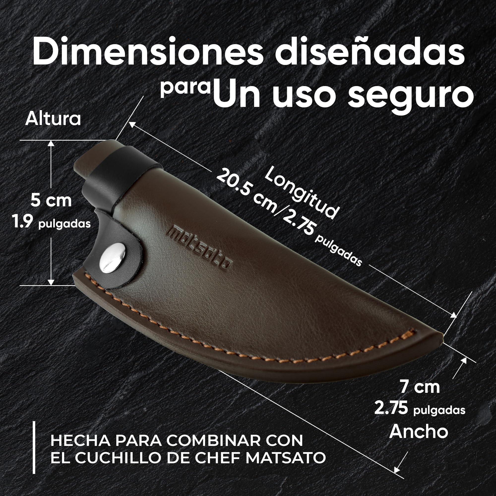 Matsato Cuchillo de Cocinero con Funda de Cuero, Acero Japonés | Mango de Madera de Roble, incl. Funda de Cuero Acolchada con Botón de Presión, Limpiar a Mano.