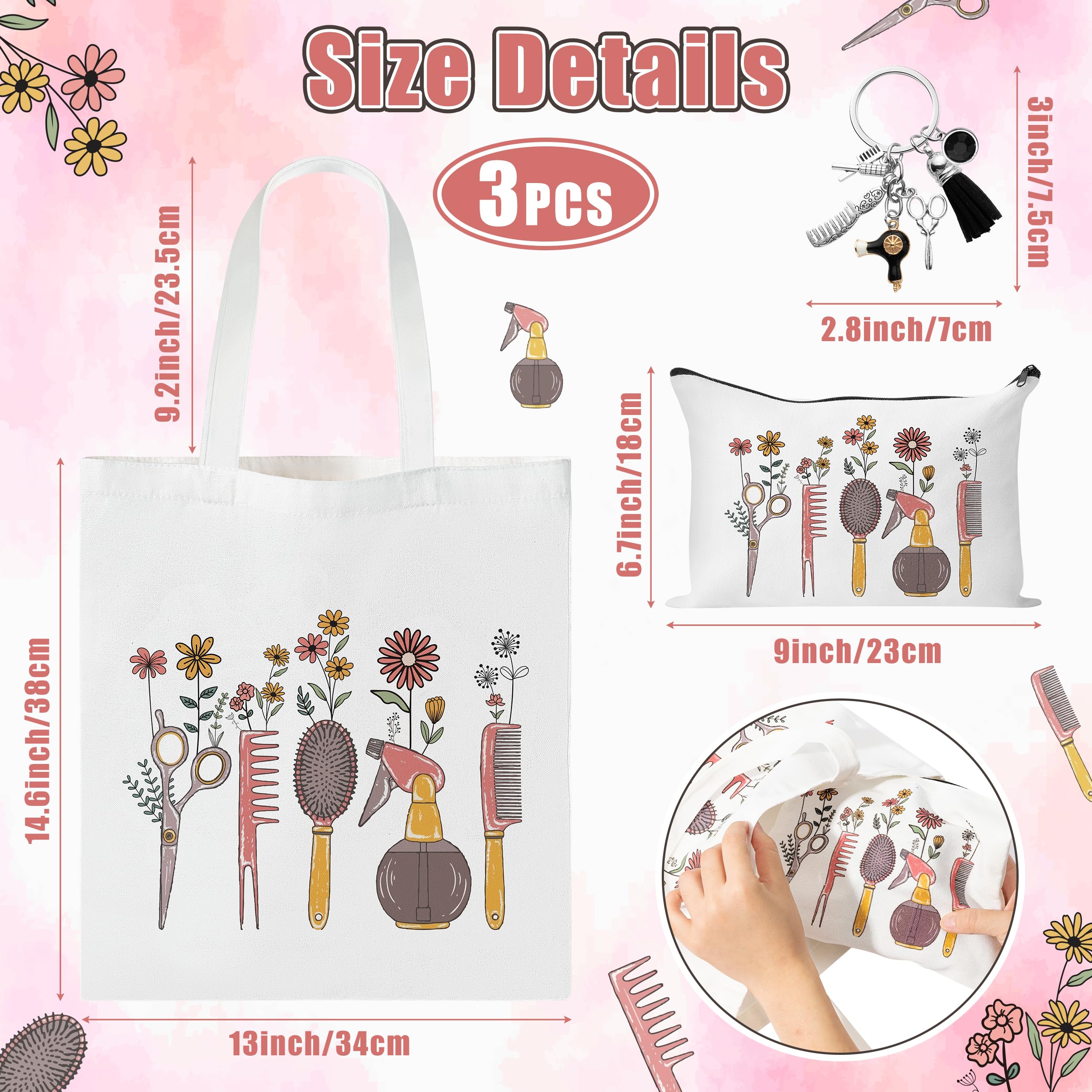 Y1tvei Hairdresser Canvas Bag Gift - 3Pcs Aesthetic Hair Stylist Canvas Tote Bag Cosmetic Pouch Keychain, Comb Scissors Print Set, Reusable Grocery Folding Shopping Handbag for Hairdresser