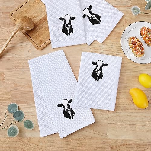 Miniatura 5 de Homaxy Toallas de cocina 100% algodón con bordado de vaca, ultra suaves, absorbentes, de secado rápido, 13 x 28 pulgadas, paquete de 4