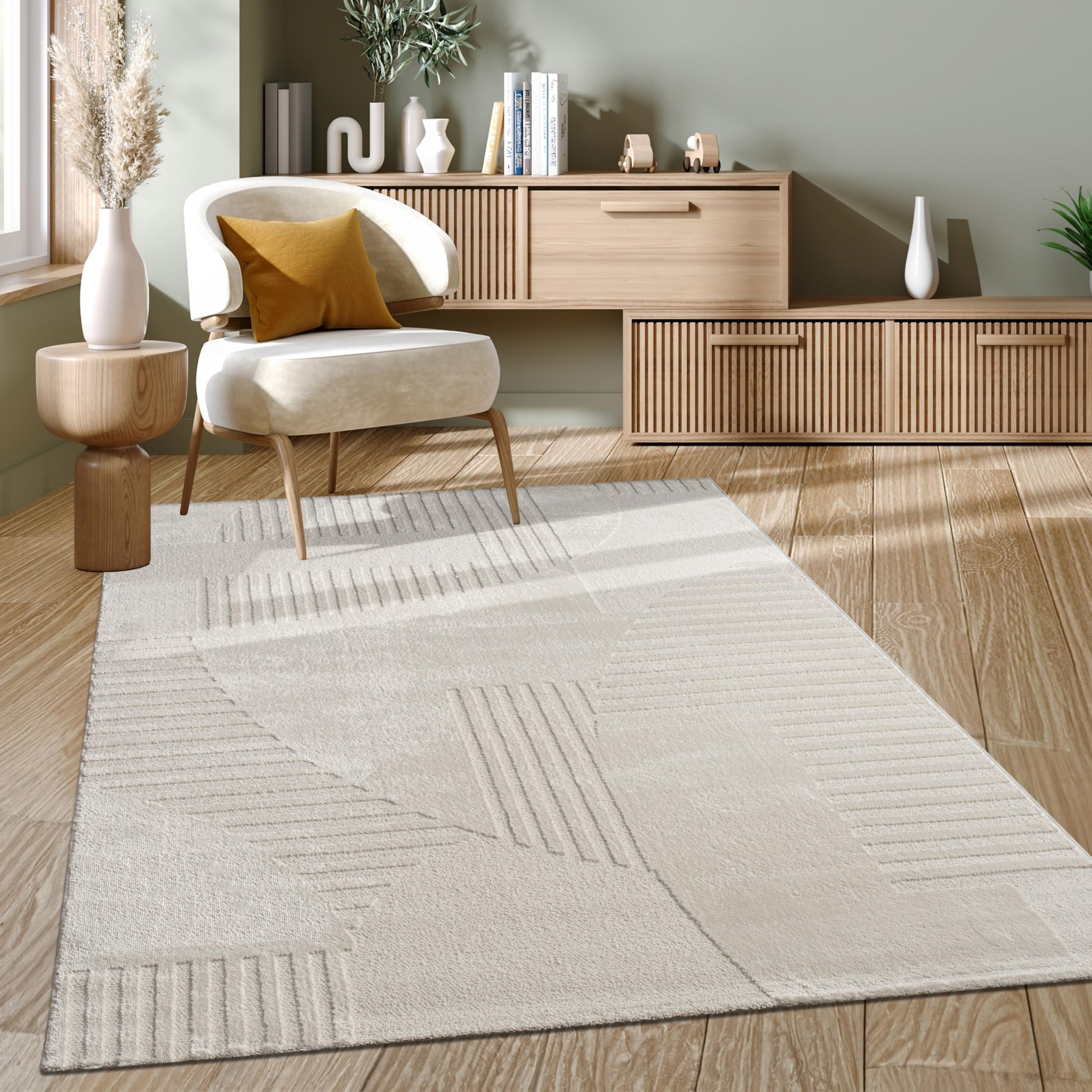 Paco Home Teppich Wohnzimmer Schlafzimmer moderner Kurzflor Abstrakte Organische Designs Geometrisch 3D Effekt hochwertig weich Creme, Grösse:120x170 cm, Farbe:Creme 3