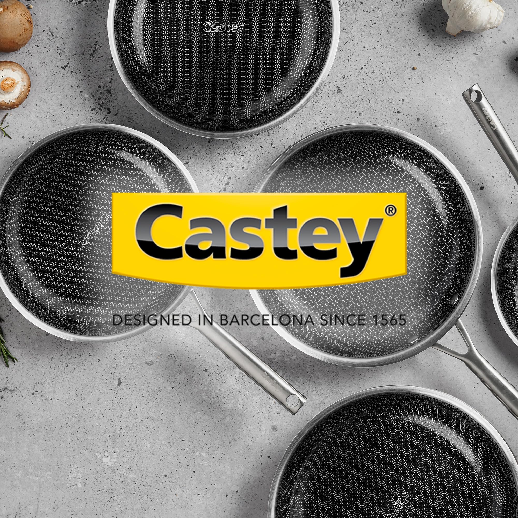 Castey - Sartén de Inducción Malmö Trimetal BeeTech, Modelo MBE-S22, Tamaño 22 cm, Acero Inoxidable 18/10 y Mango Ergonómico, Revestimiento Cerámico BeeTech Sin PFAS, para Todas las Cocinas