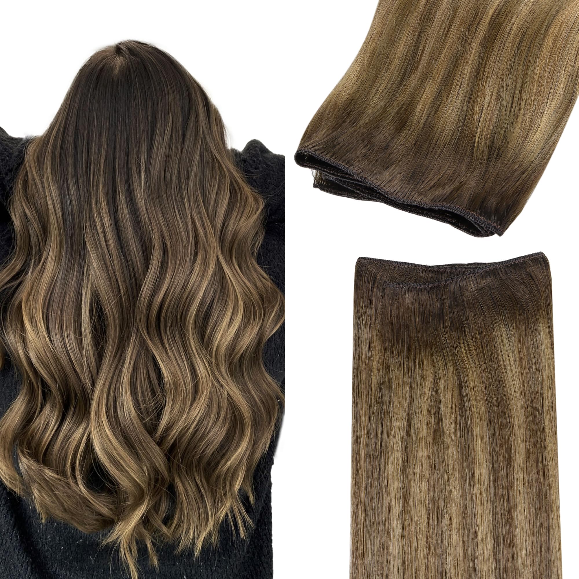 GOO GOO Sew in Hair Extensions Real Human Hair, Weft Hair Extensions Human Hair, 4D/14/5B Brunette Balayage 22inch 110g, Weft Bundles Straight Silky
