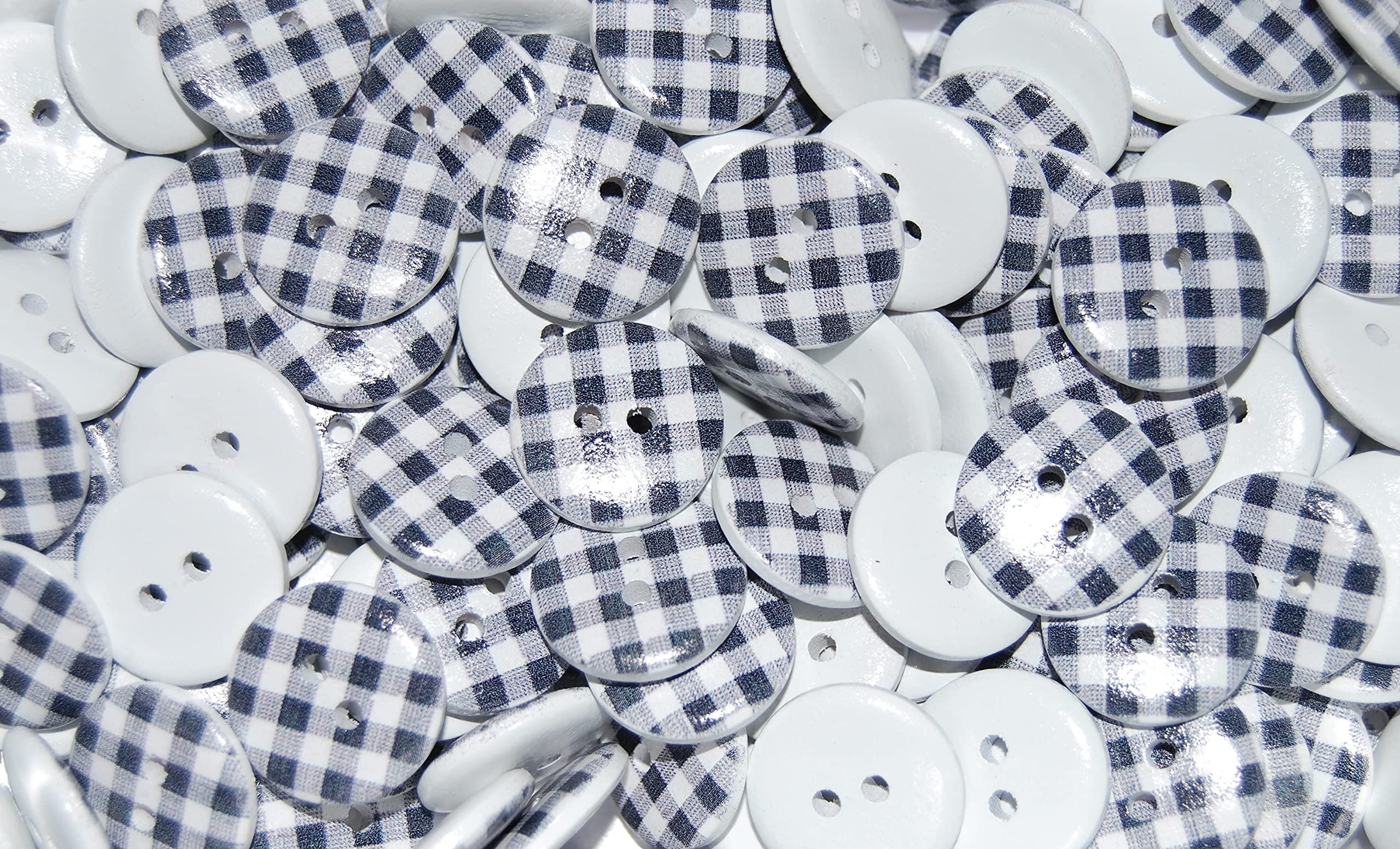 celloexpress Wooden Buttons Printed Abstract, Cute & Patterned - Unique Lovely Prints - Ideal for Sewing/Knitting/Clothes (Black & White Tartan - 20mm, Pack of 50)