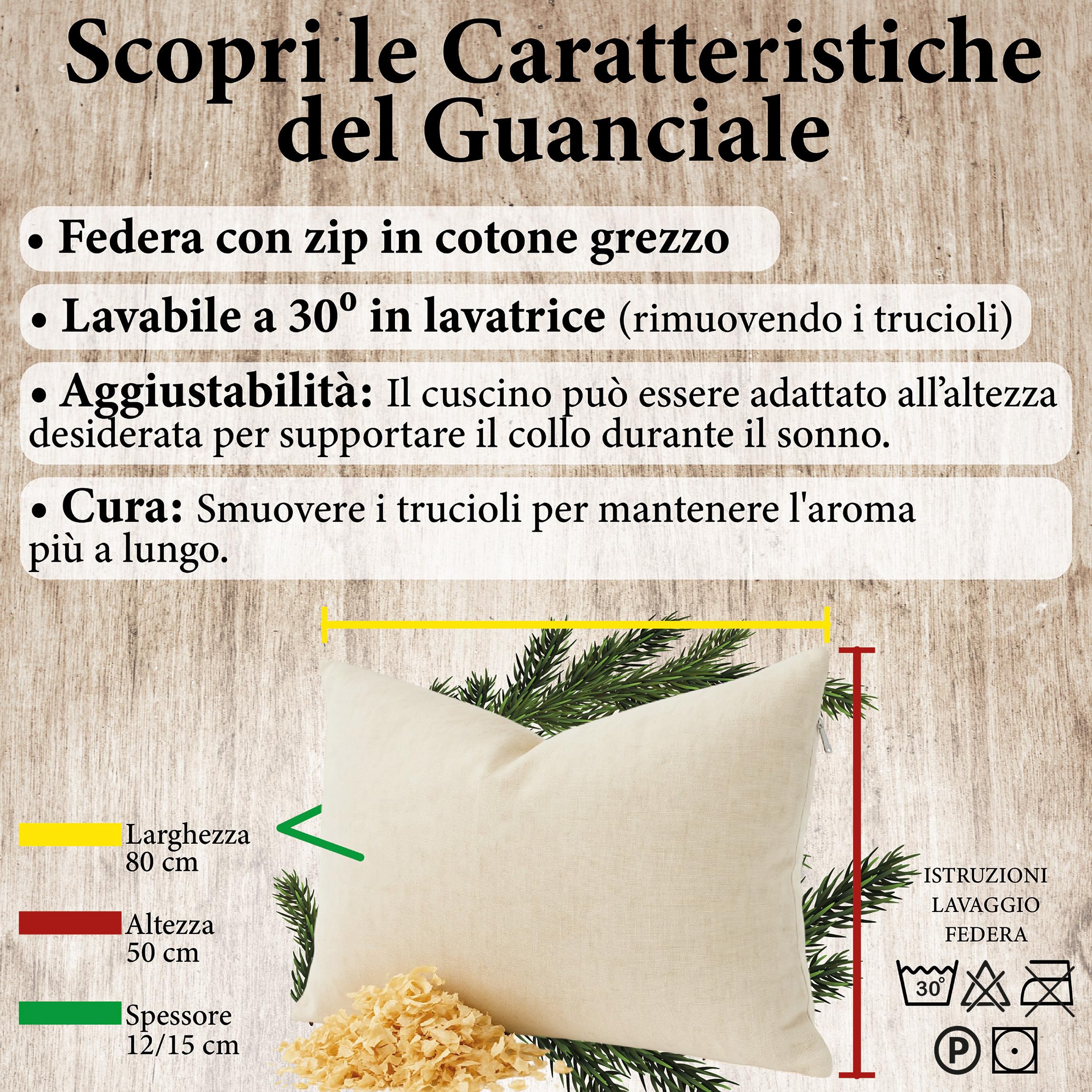 Guanciale sosna Cembro Alto Adige 50 x 80 - naturalna poduszka do głębokiego snu Cirmolo - regulowana, surowa bawełna, relaks