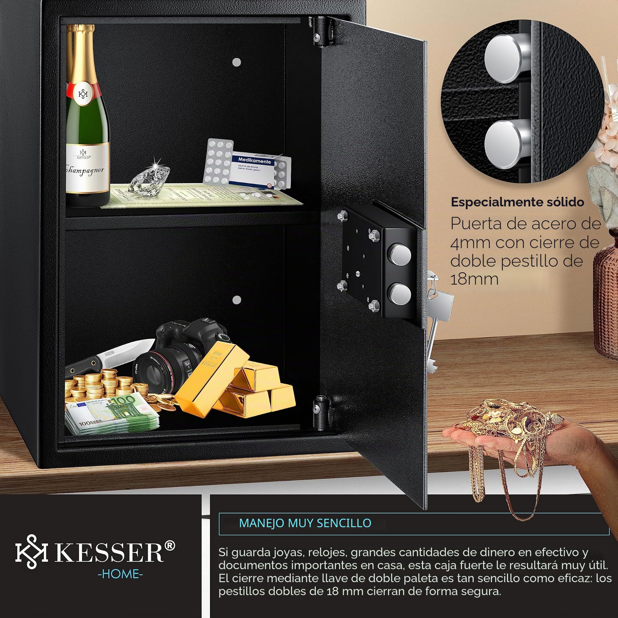 KESSER® Caja fuerte de suelo-pared, para muebles, con cerradura de doble paletón, armario para dinero 50 x 35 x 31 cm incluye 2 llaves