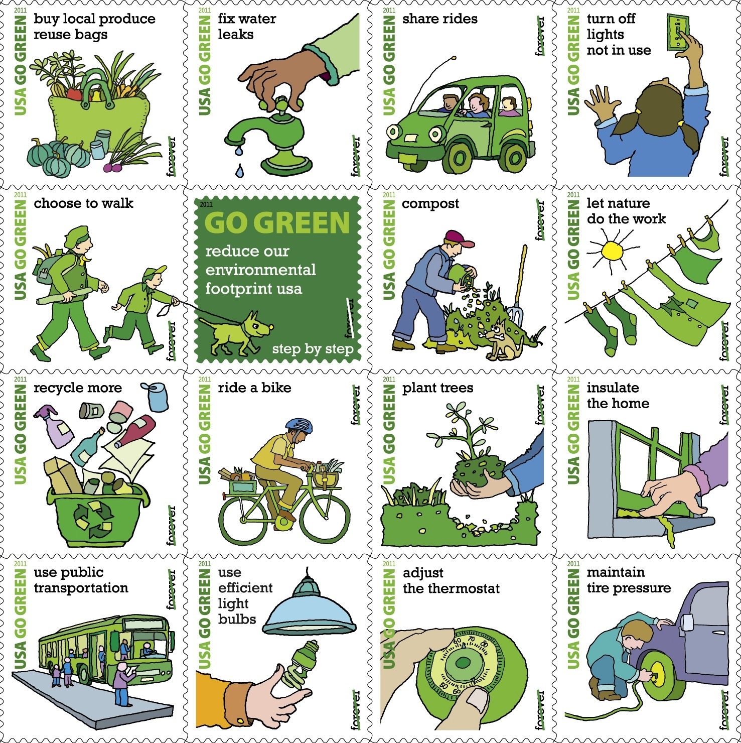 2011 Go Green Sheet of Sixteen Forever Stamps Scott 4524 By USPS