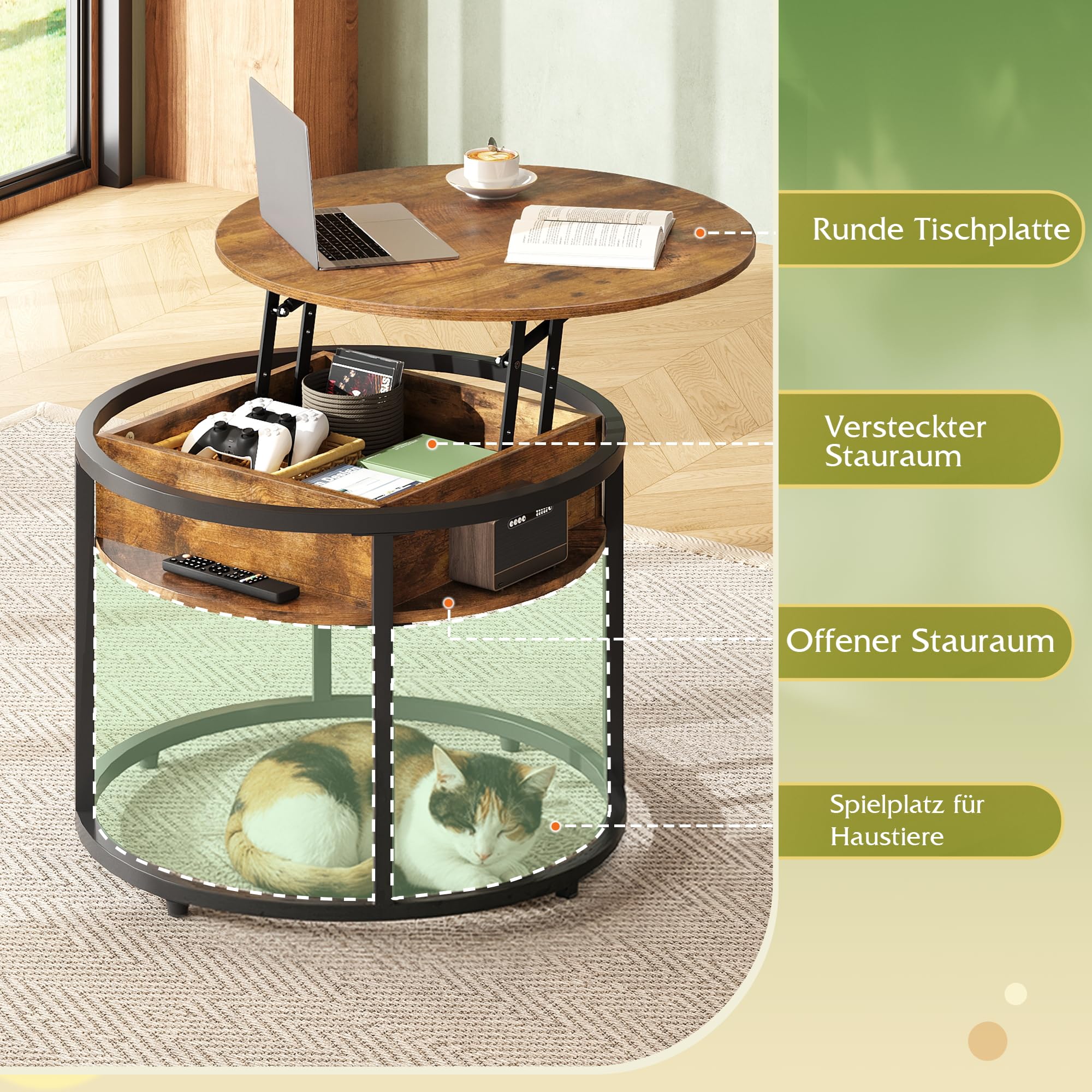 WLIVE Couchtisch Rund mit Hebeplatte, Wohnzimmertisch Höhenverstellbar mit Stauraum, 60 x 60 x 50 cm, Kaffeetisch für Wohnzimmer, Balkon und Büro (Rustikales Braun, 60 Durchmesser)