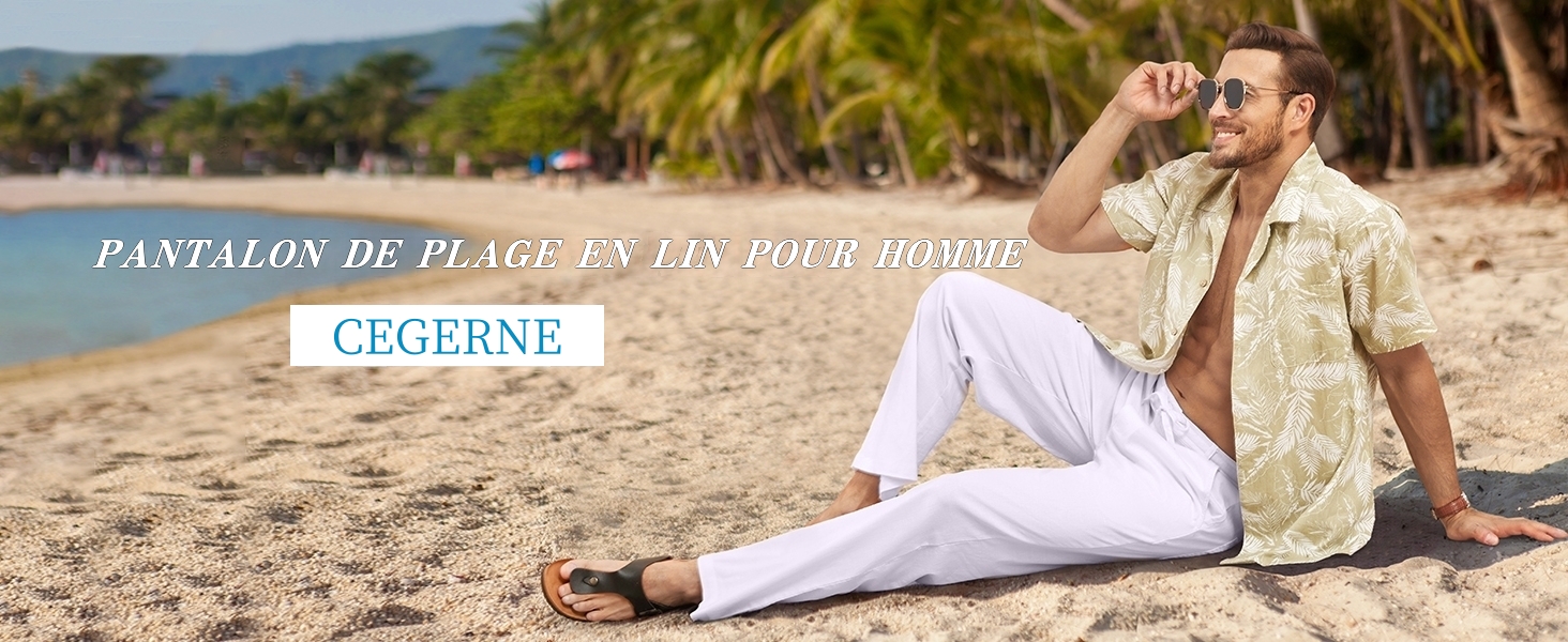 Pantalon Long Homme Lin Et Coton – Coupe Ample Cordon Serrage – Pour Yoga, Plage, Détente – 6 Couleurs Disponibles