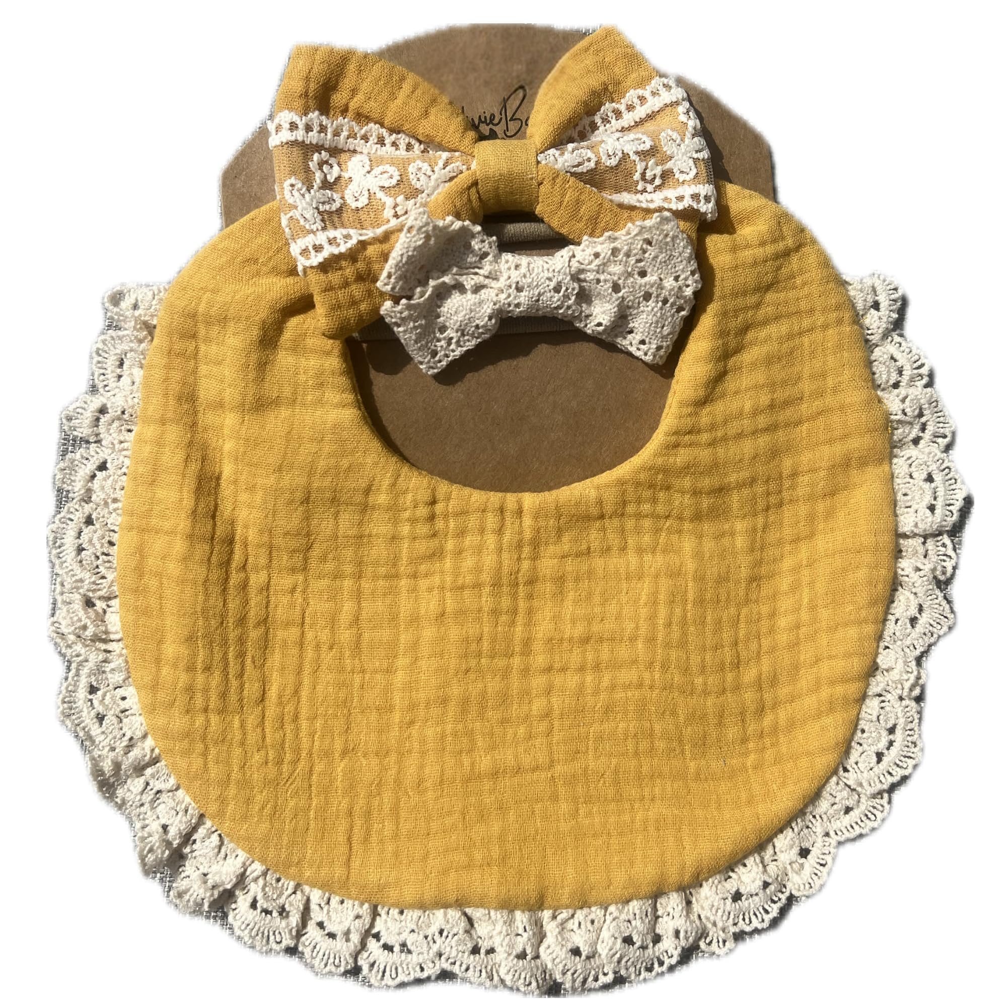 Conjunto de regalo para bebé niña: babero de muselina estilo bohemio con encaje y lazos a juego, de algodón absorbente, ajustable, para recién nacida, bebé y niño pequeño, color amarillo caléndula.