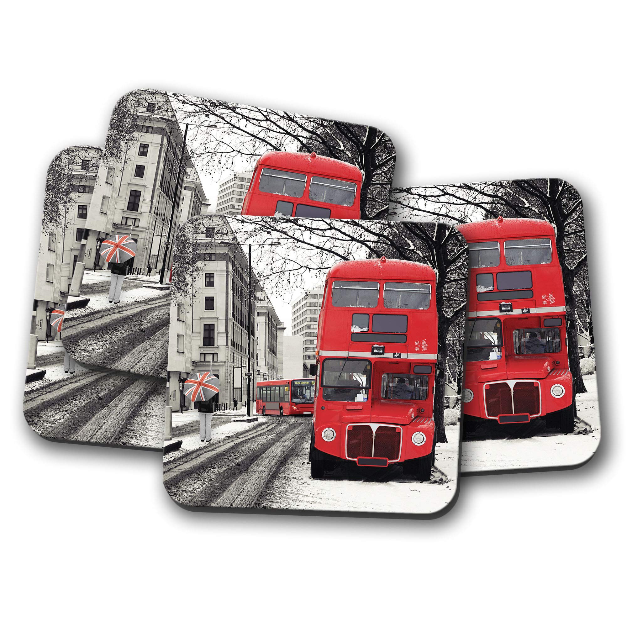 Destinationvinyl Multicolor 4 Set - Red London Bus Coaster - England British Uk Winter Snow Fun #14648