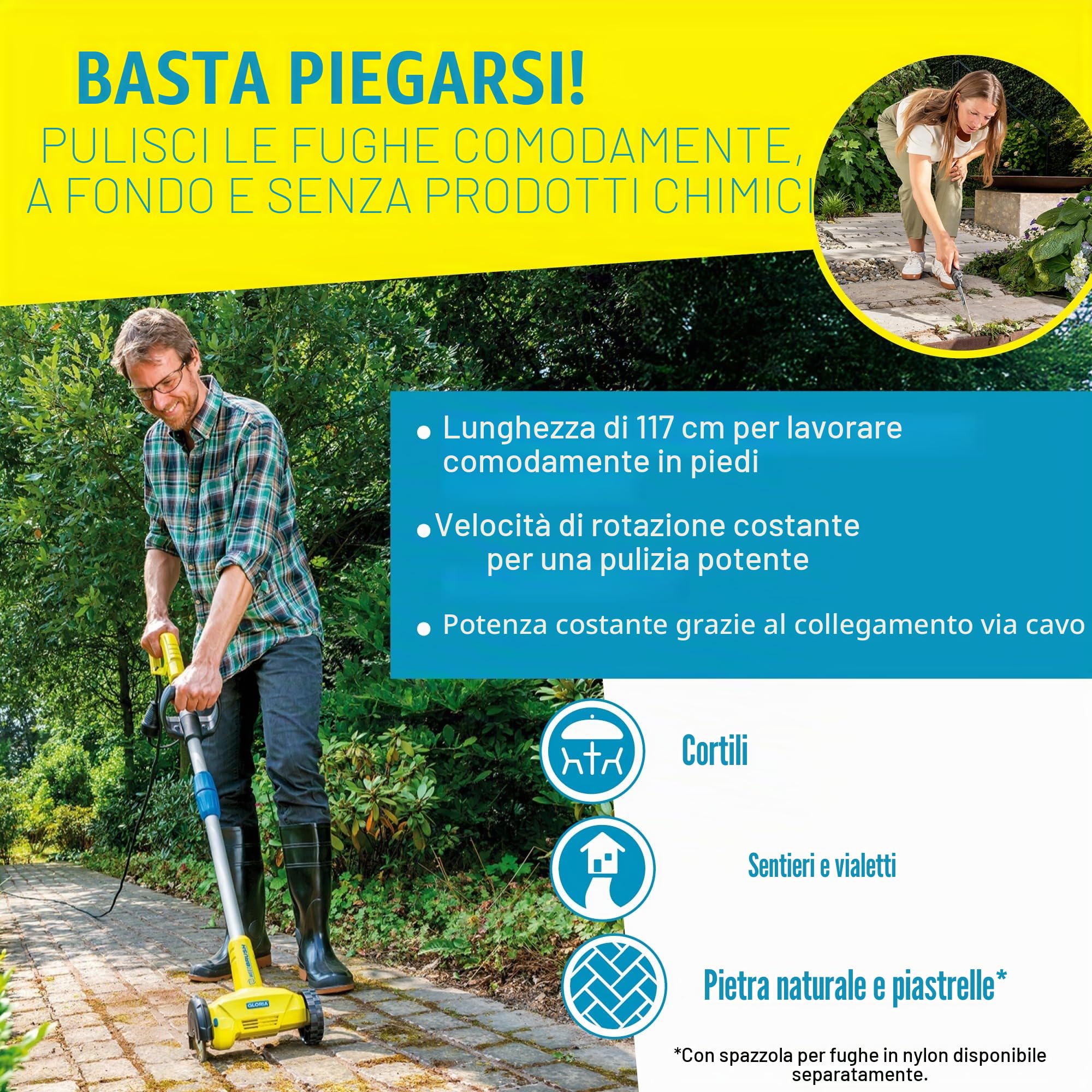GLORIA Spazzola Elettrica per Fughe WeedBrush a cavo | Estirpatore Erbacce e Pulisci Fughe per Pavimenti Esterni, Terrazzi e Vialetti | Contro Erba e Muschio | Inclusa Spazzola in Filo d'Acciaio