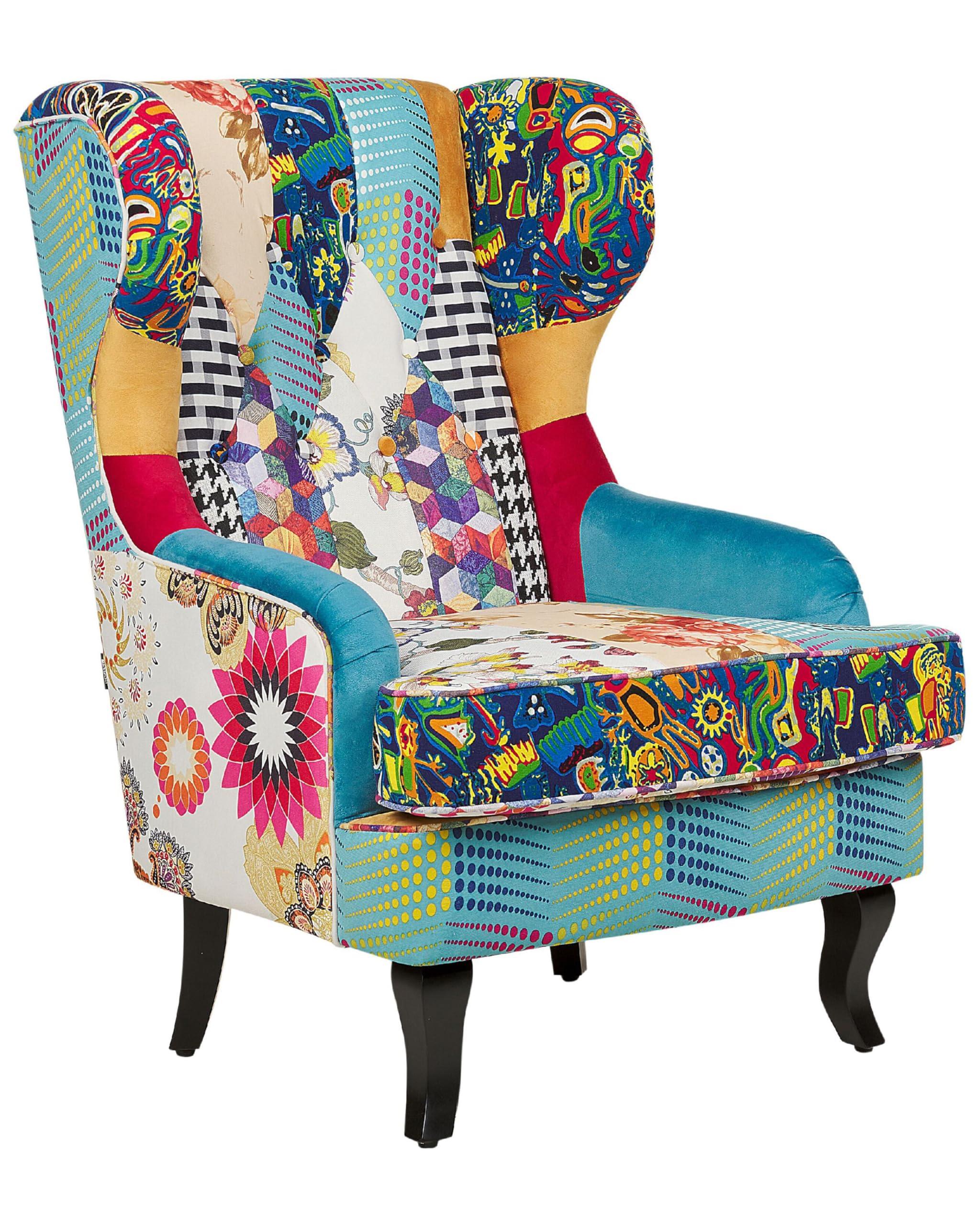 Beliani Sessel Patchwork bunt blau Ohrensessel mit schwarzen Holzbeinen Retro-Stil Molde Küche, Haushalt & Wohnen