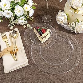 I00000 200PCS Clear Plastic Plates, Disposable Clear Plates for 100 Guests, Premium Dinner and Dessert Plate, Fancy Hard Plastic Party Plate for Wedding Christmas
