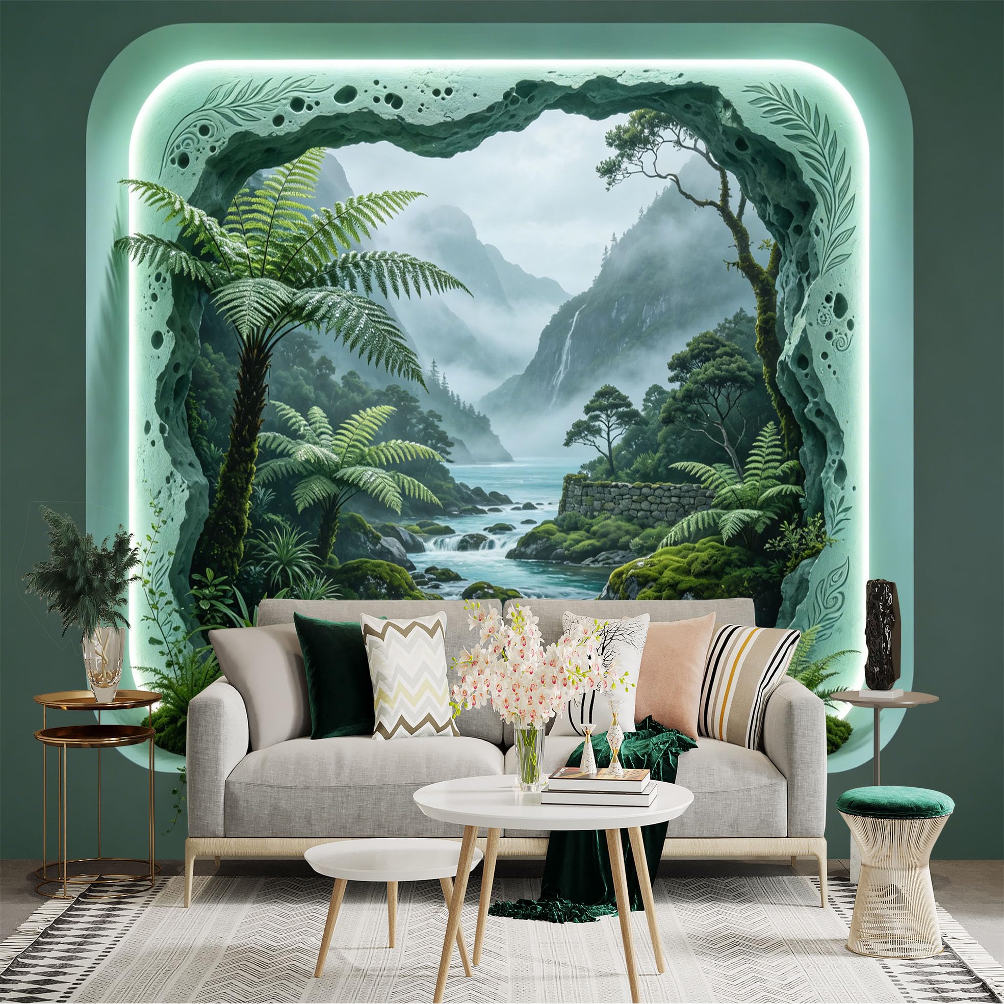 Custom Size Wall Sticker Mural， Tropical Forest with Waterfall， River and Misty Mountains， for wall Decoration， peelandstick wall Decals.