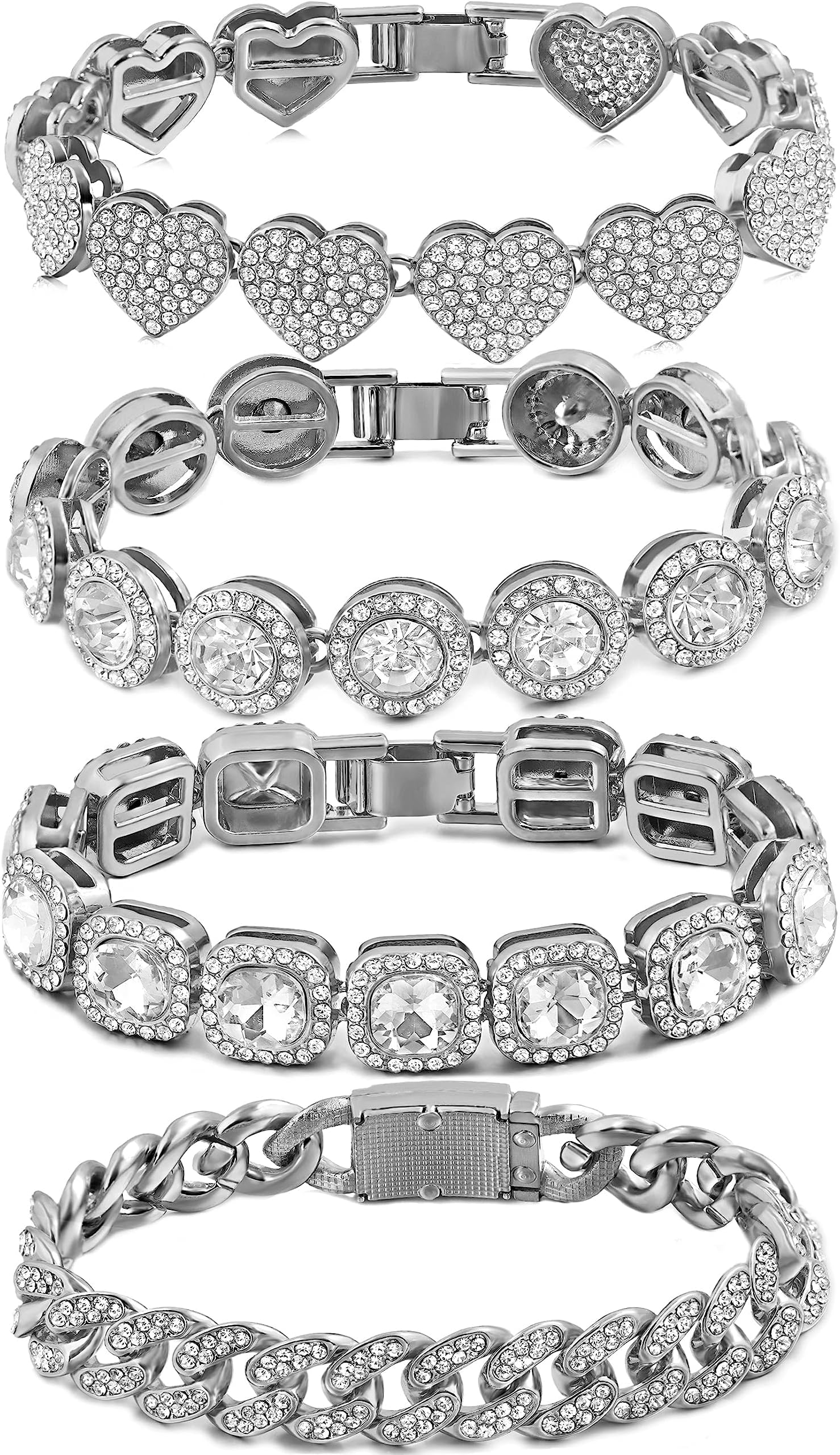 4PCS Gold Bracelets for Women Silver Clustered Tennis Bracelet for Women Heart Round Diamond Cuban Bracelet Layered Link Bracelet Set Fashion Jewelry for Women Set