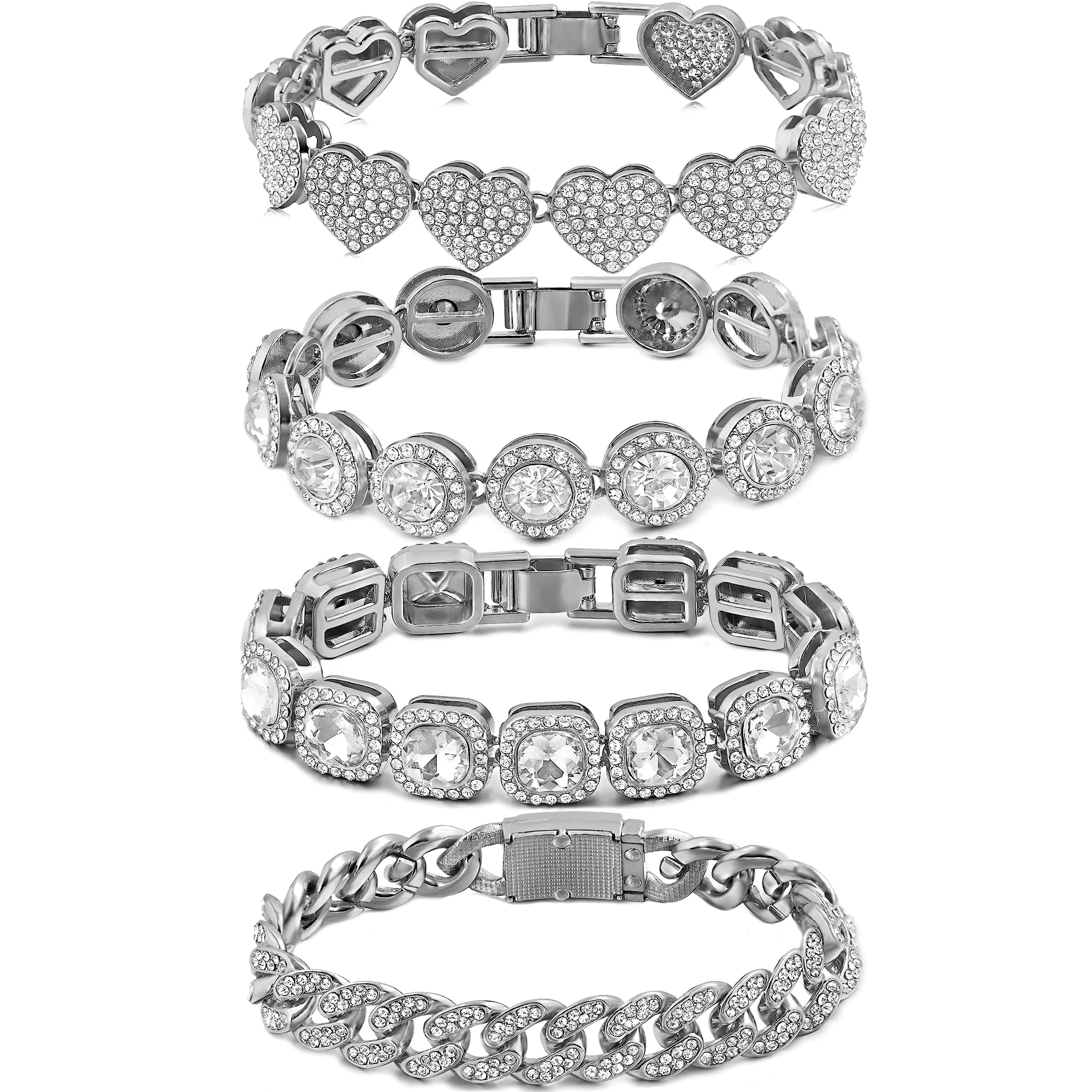 4PCS Gold Bracelets for Women Silver Clustered Tennis Bracelet for Women Heart Round Diamond Cuban Bracelet Layered Link Bracelet Set Fashion Jewelry for Women Set