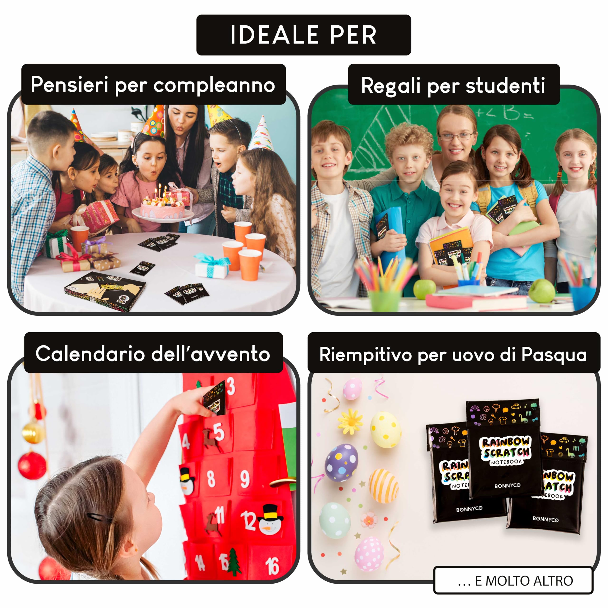 BONNYCO Scratch Art Bambini, 16 Set con Quaderno da Grattare, Stencil e Penna in Legno. Gadget Compleanno Bambini, Regalini Fine Festa. Premi e Pensierini per Alunni 3-12 Anni