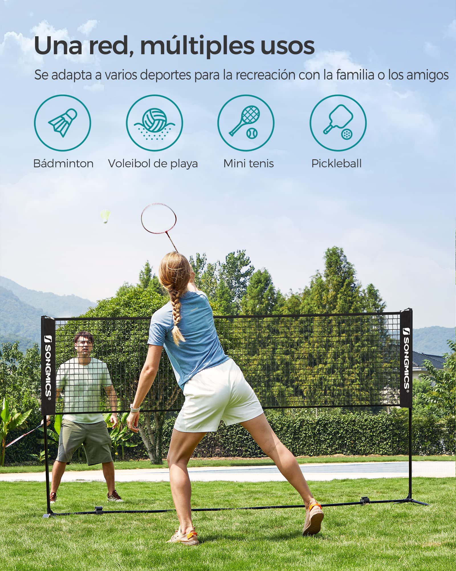 SONGMICS Red de bádminton de 3 m, Voleibol, Altura Ajustable, Juego Portátil