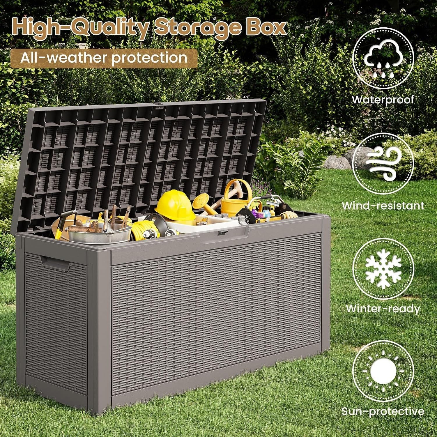 Baulera Exterior Impermeable 130L para Almacenaje Terraza, Ratán Gris