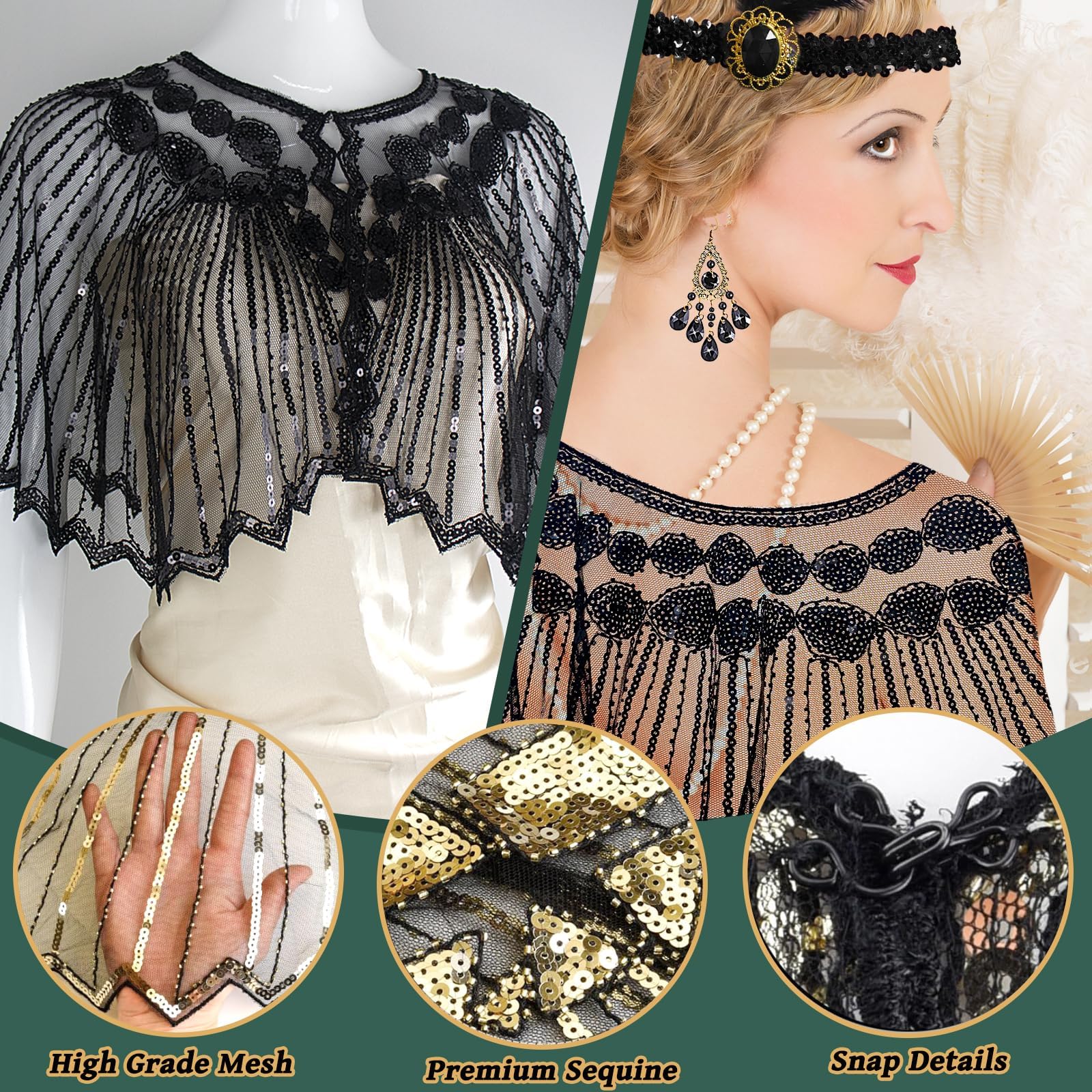 9 Stück 20er Jahre Kostüm Accessoire, 1920er Gatsby Kostüm Damen Charleston Flapper Kleid mit Schal Federstirnband Handschuhen Perlenkette Ohrringen Spitzenfächer Armband Vintage Karneval Party