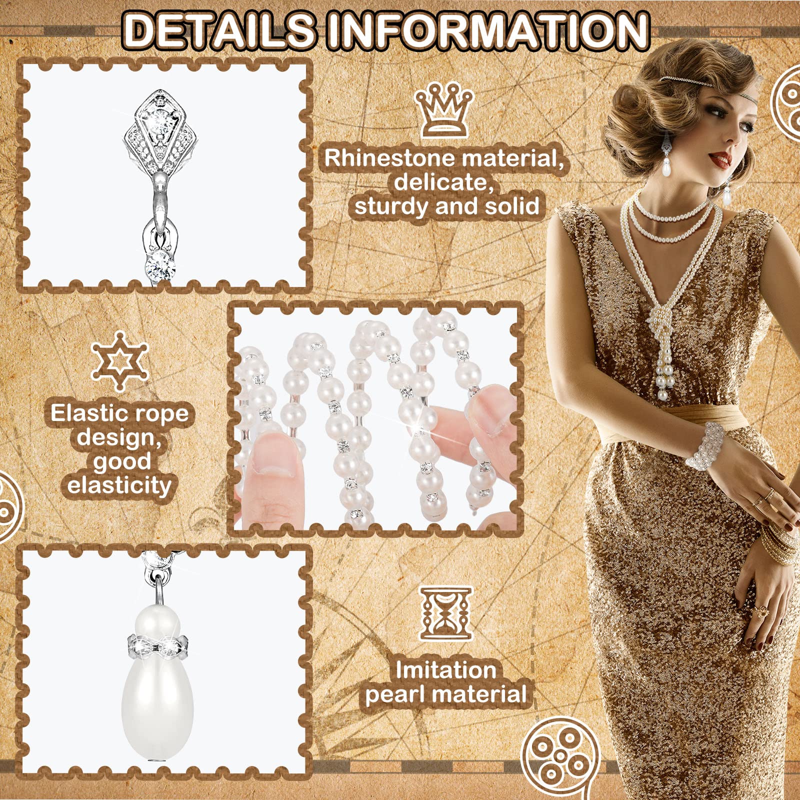 Maitys 3 Pcs 1920s Pearl Jewelry Set Including Vintage Flapper Earrings Multilayer Imitation Pearl Necklace Bracelet for Women Girls (Delicate) white