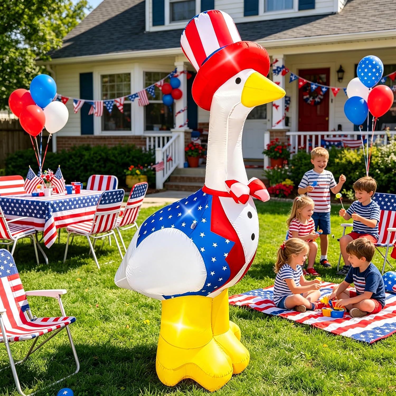 BLOWOUT FUN 4th of July Inflatables Outdoor Decorations 5FT Inflatable Goose Wear Hat Decor Patriotic Independence Day Build-in LED Blow Up Lighted for Indoor Outdoor Party Garden Yard Lawn