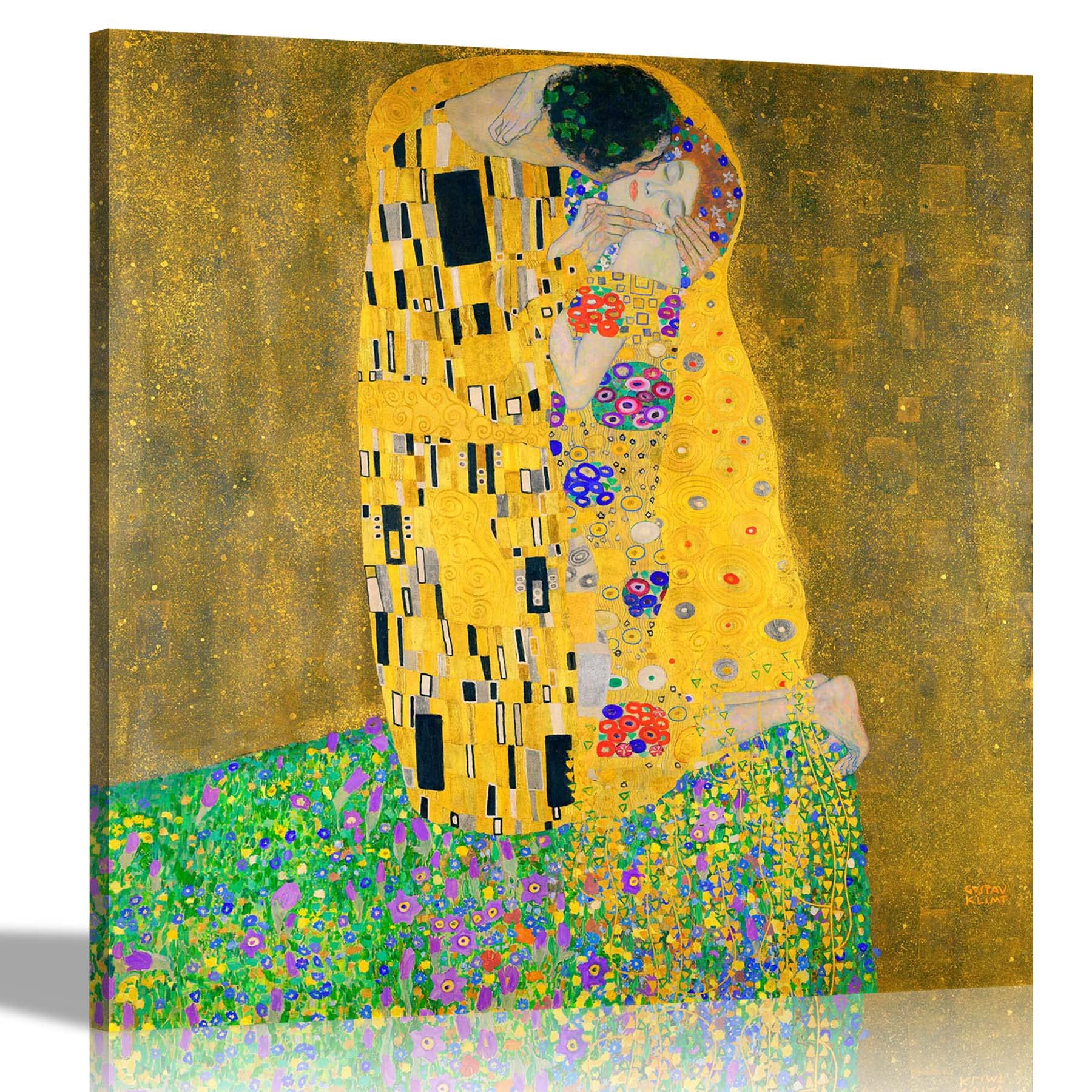 Artley Prints Gold Famous Canvas Prints The Kiss By Gustav Klimt Oil Painting Reproduction Modern Hanging Framed Wall Art 76 X 76Cm (30 X 30 Inches)