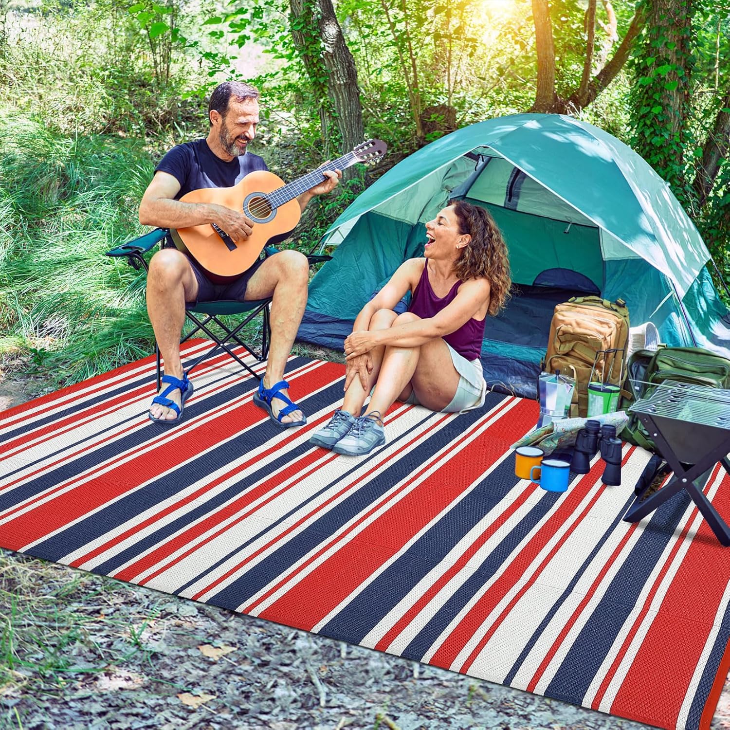 GarveeHome Modern Geometric Lines 9x12 Colorful Reversible Plastic Straw Outdoor Large Rug Non Shedding Stain Portable Outside Carpet for Trailer Backyard Balcony Camping Pool Rv,Red Navy White