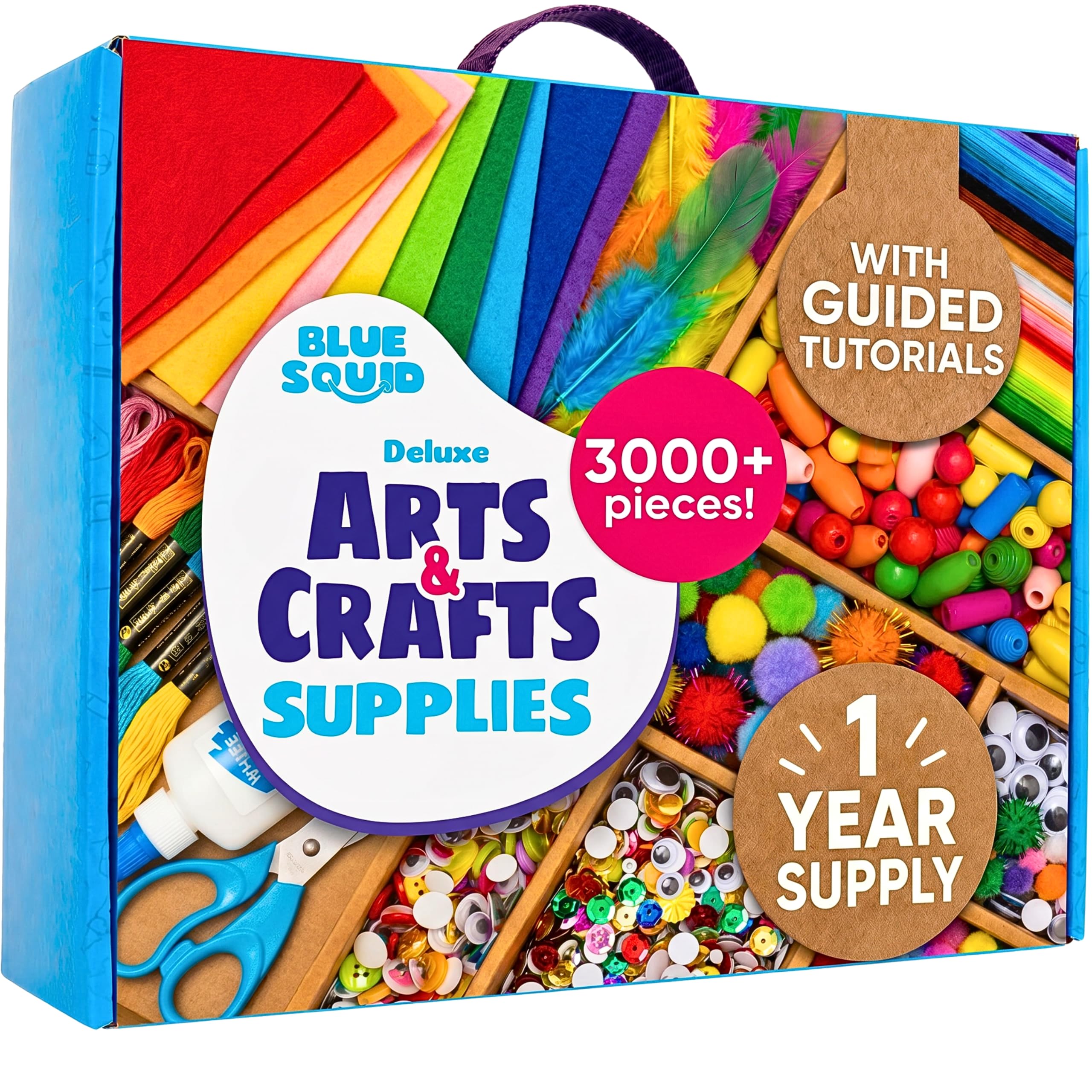 Blue Squid Artigianato – 3000 pezzi Deluxe Craft Supplies Box con 2 cassetti, 18 scomparti, manico robusto, kit artistico scolastico per bambini, ragazze, ragazzi età 4 5 6 7 8 9 10 11 12