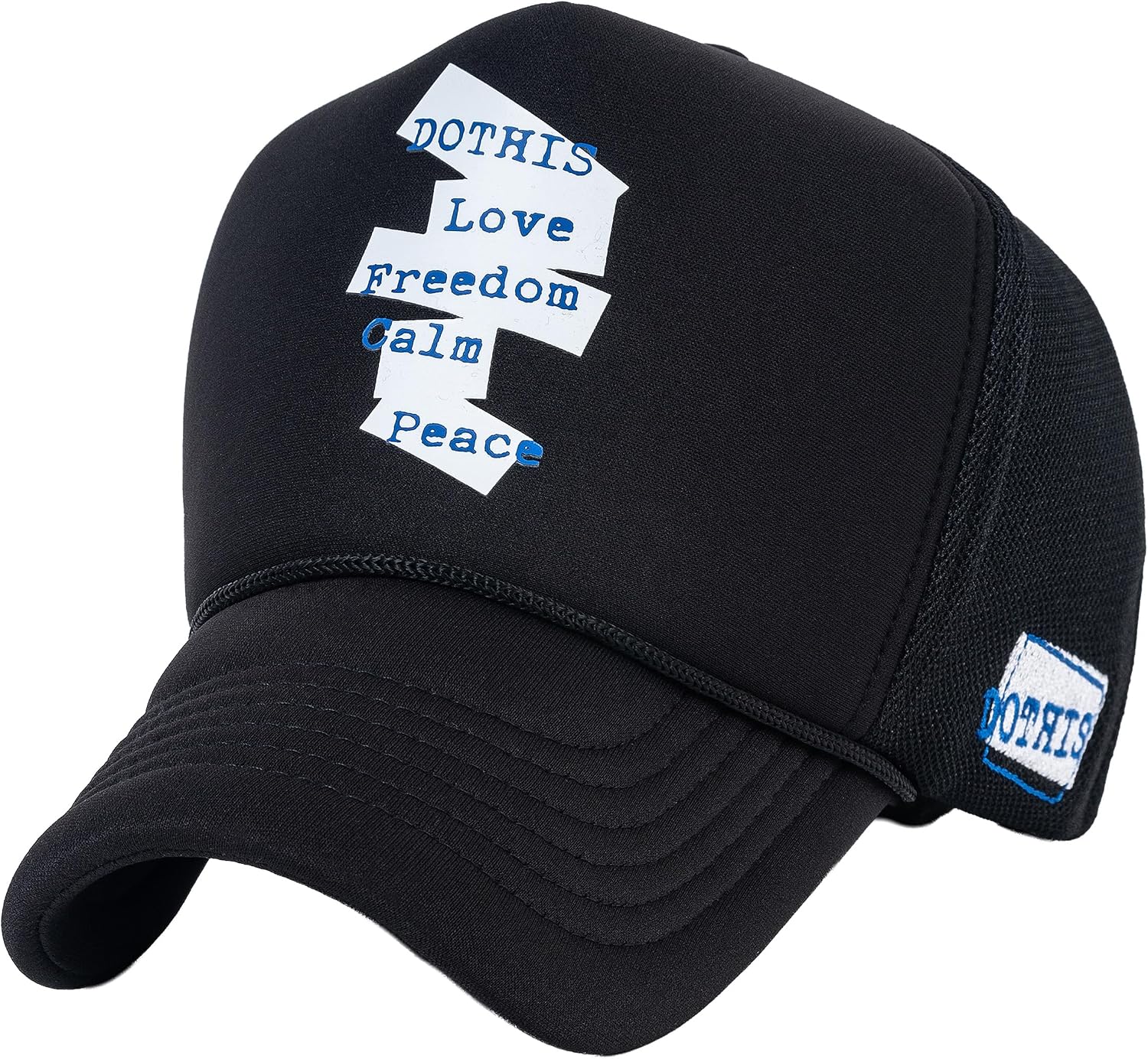 High Crown Trucker Hat, Black Cap, White Graphic, Dense
