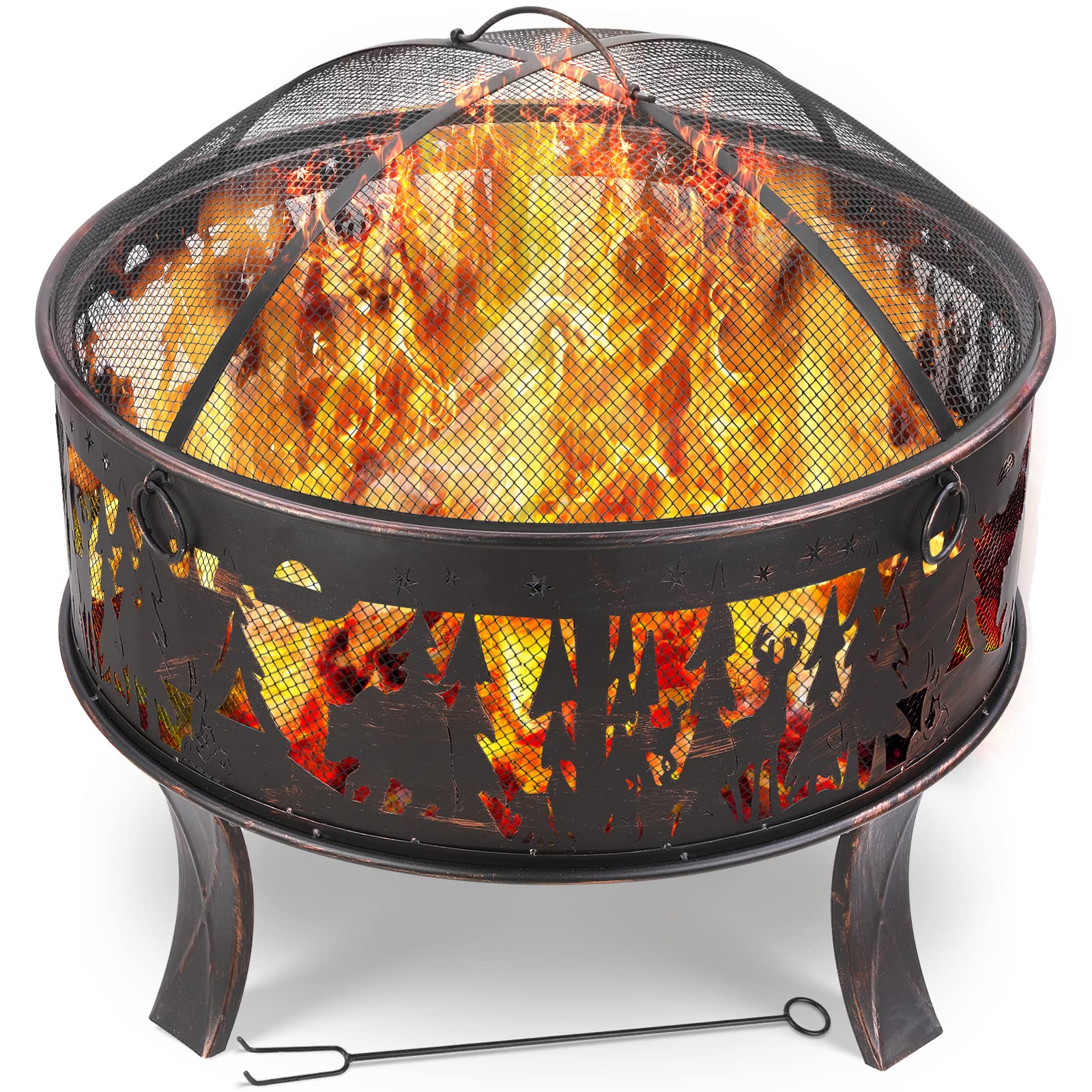 TLSUNNY Feuerschale Garten, Feuerkorb mit Funkenschutz, Feuerstelle Retro-Look, inkl,Poker & Kohlerost & 4 PCS Füße, Heizung im Winter, Stabil, Exquisites Elchmuster Ø71x65cm,für Garten,Camping,Strand | Inkl,Poker & Kohlerost & 4 PCS Füße, Heizung im Wint