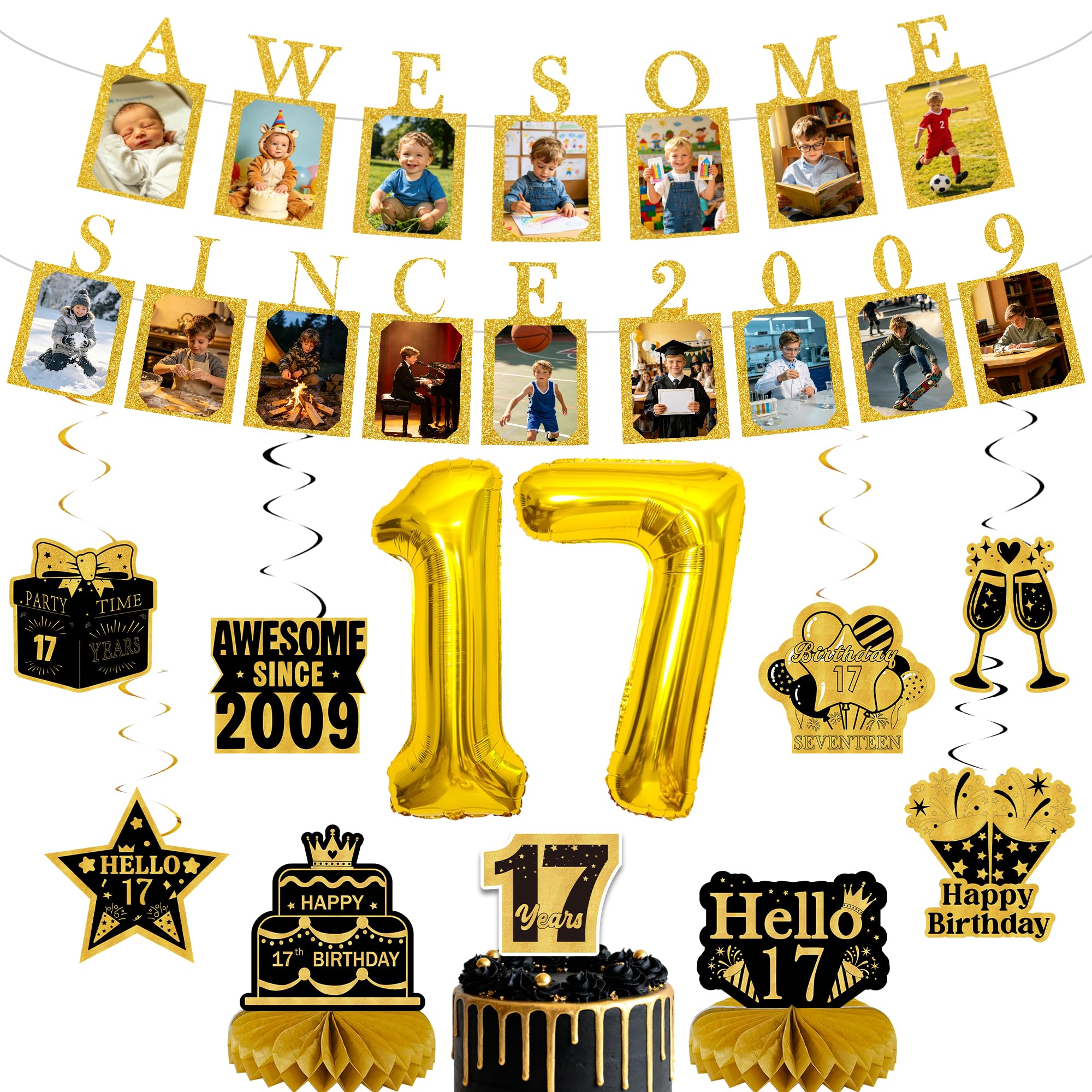 Happy 17th Birthday Banner Decorations, Gold Photo Banners Set