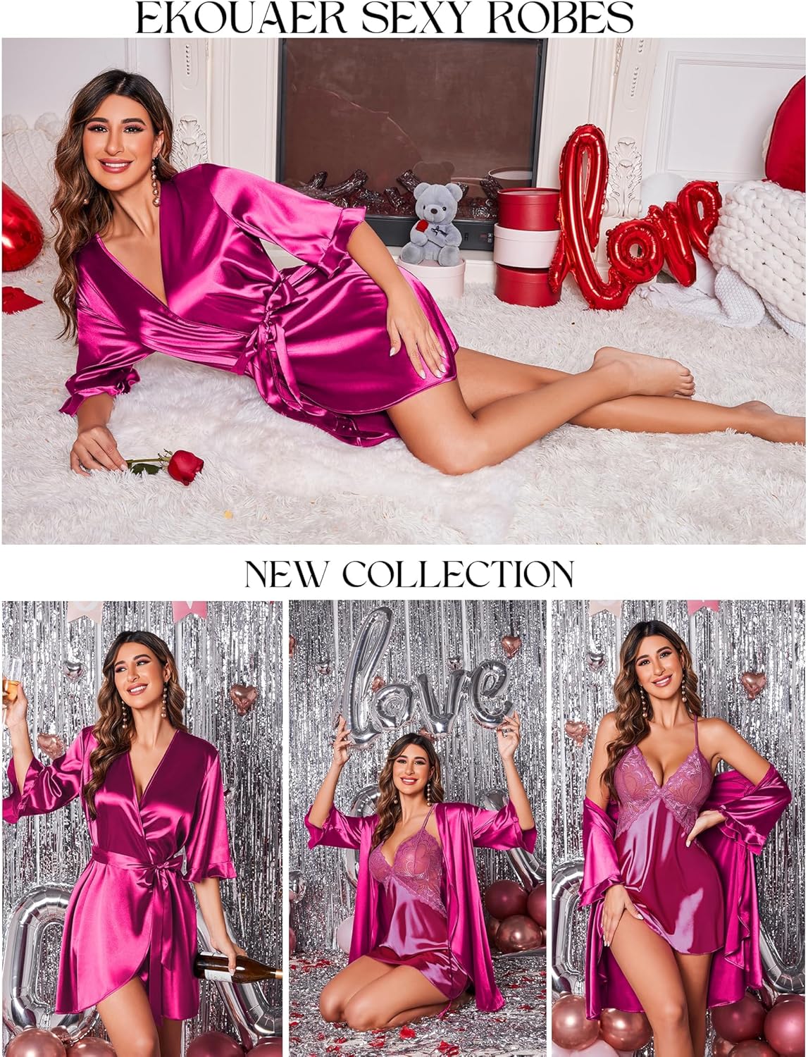 Ekouaer Women's Satin Robe Valentines Lingerie for Women Kimono Bathrobe Short Ruffle Belted Robes Bridesmaids Sleepwear - Image 4