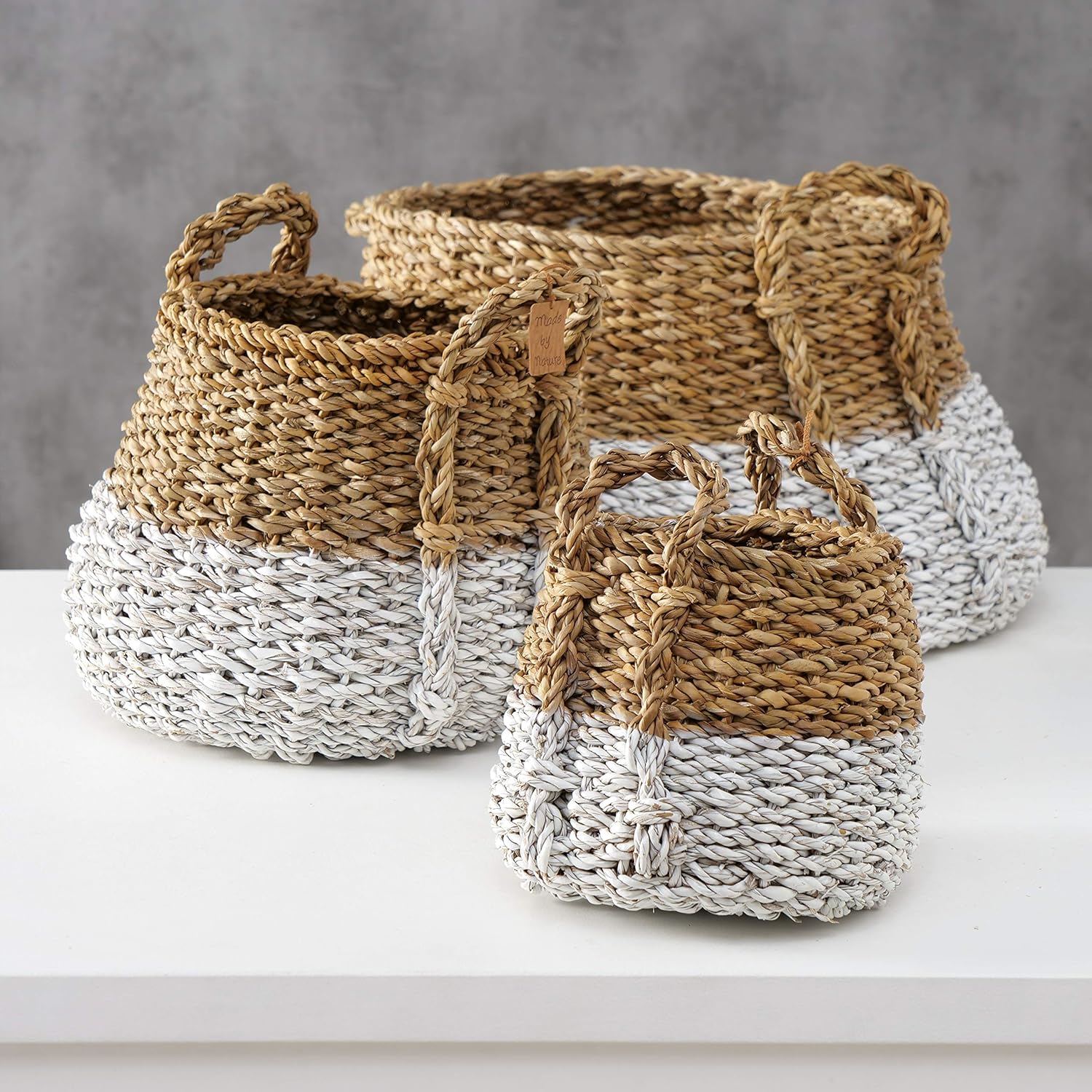 Suреr Bіg Clеаrаnсе! WHW Whole House Worlds Two-Toned Handwoven Belly Baskets, Set of 3, White Bottom Accents, Chunky Weave, Natural, 17.75, 15.75 and 13.75 Inches Tall