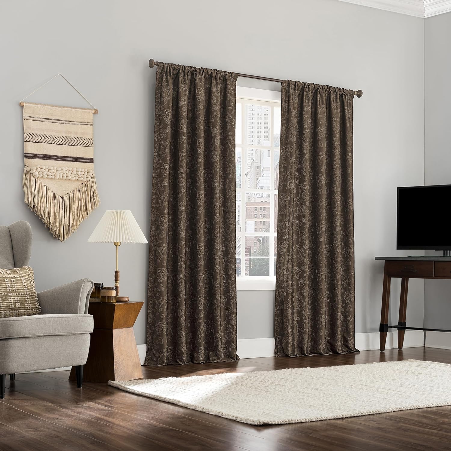 Sun Zero Brookhaven 2-Pack Embroidered Floral Pleated Look 100% Blackout Back Tab Curtain Panel Pair, 50" x 84", Chocolate Brown