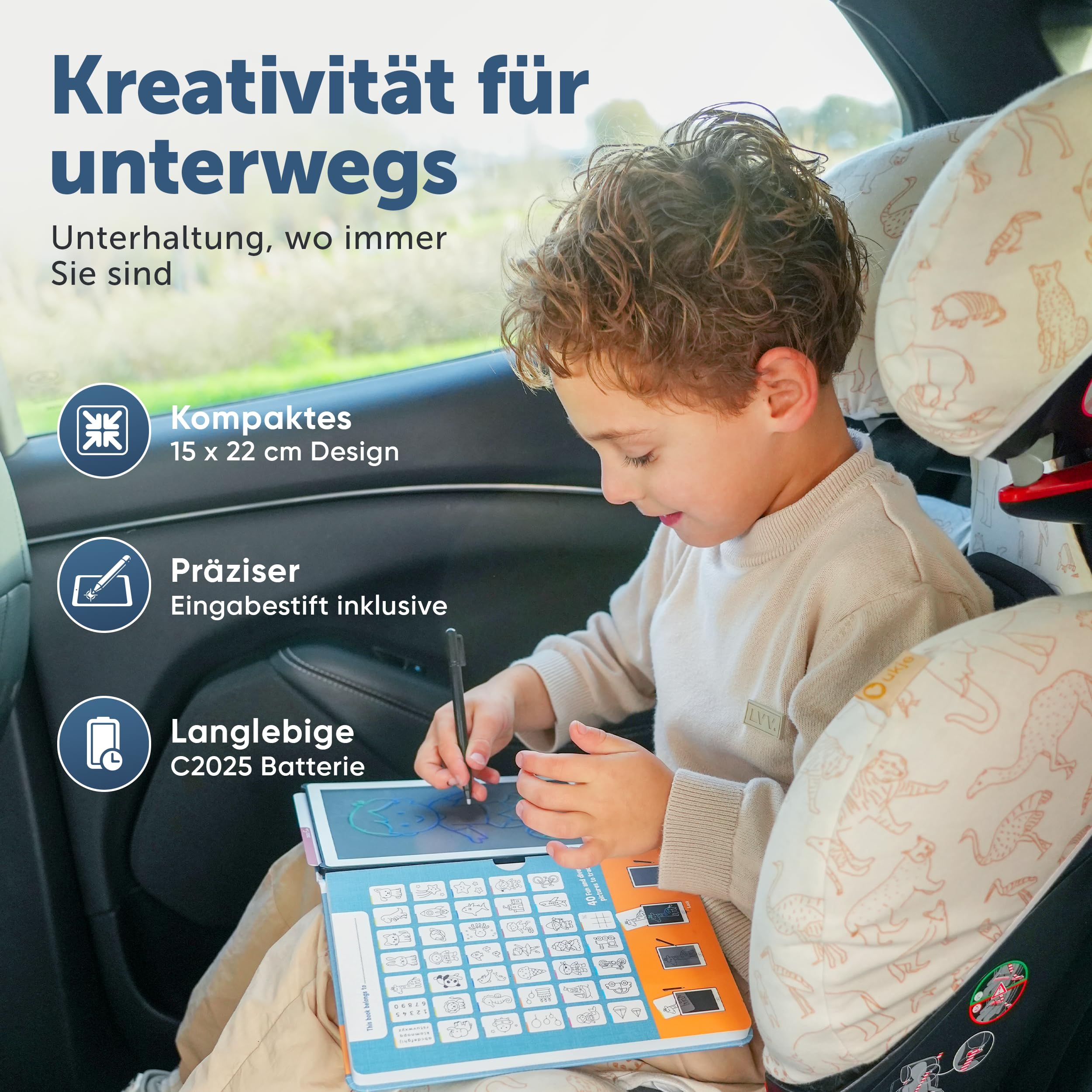 Zazu LCD Zeichentablet Kinder 8,5 Zoll mit 40 Vorlagenkarten & Stift – Maltablet mit Löschfunktion und Sperrtaste – Kreatives Lernspielzeug für Zuhause & unterwegs